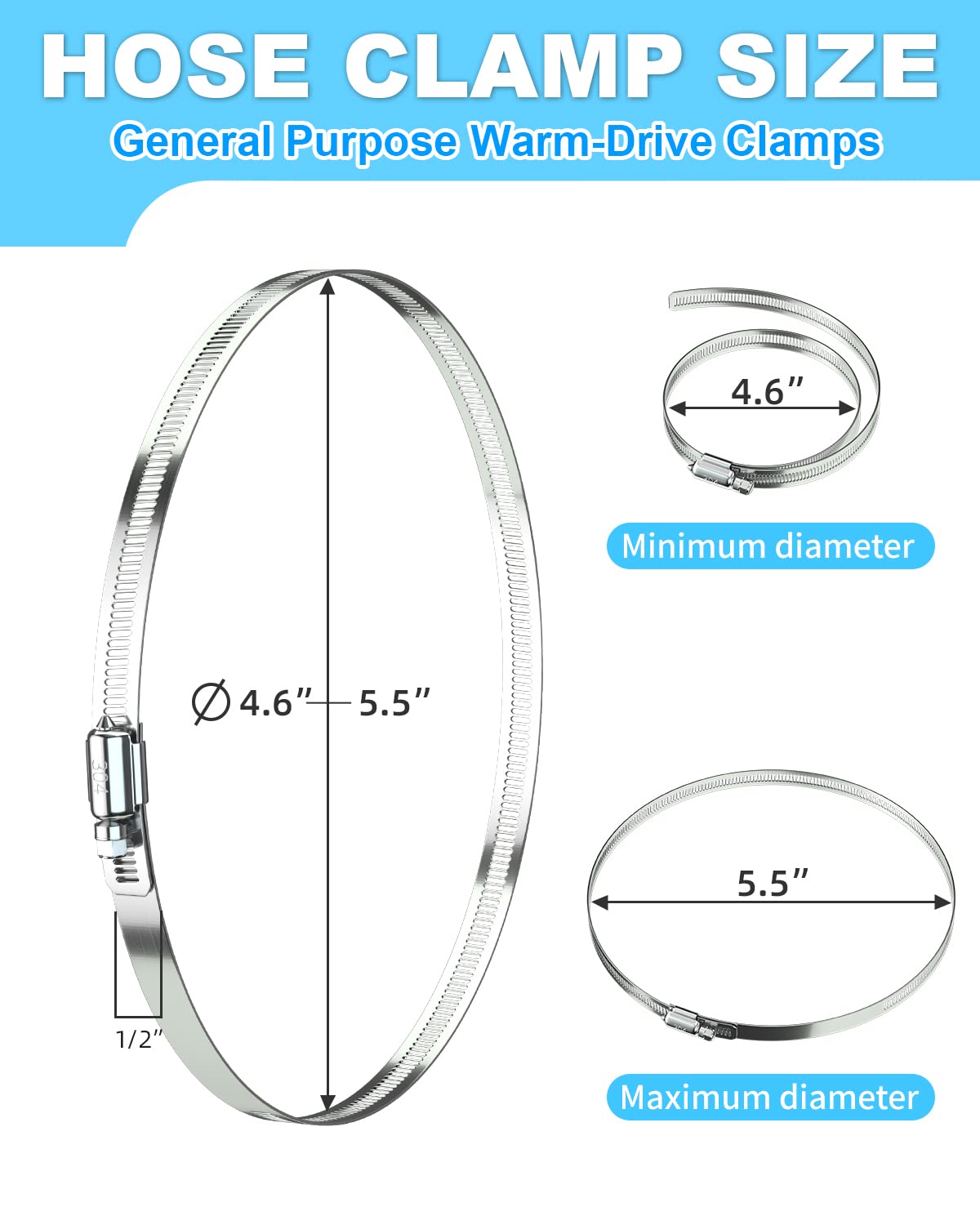 10PCS 5 Inch 304 Stainless Steel Worm Gear Hose Clamp Set - Heavy Duty Fuel Line, Dryer, Intercooler, Garden Water Pipe & Washing Machine Clamps (4-1/2