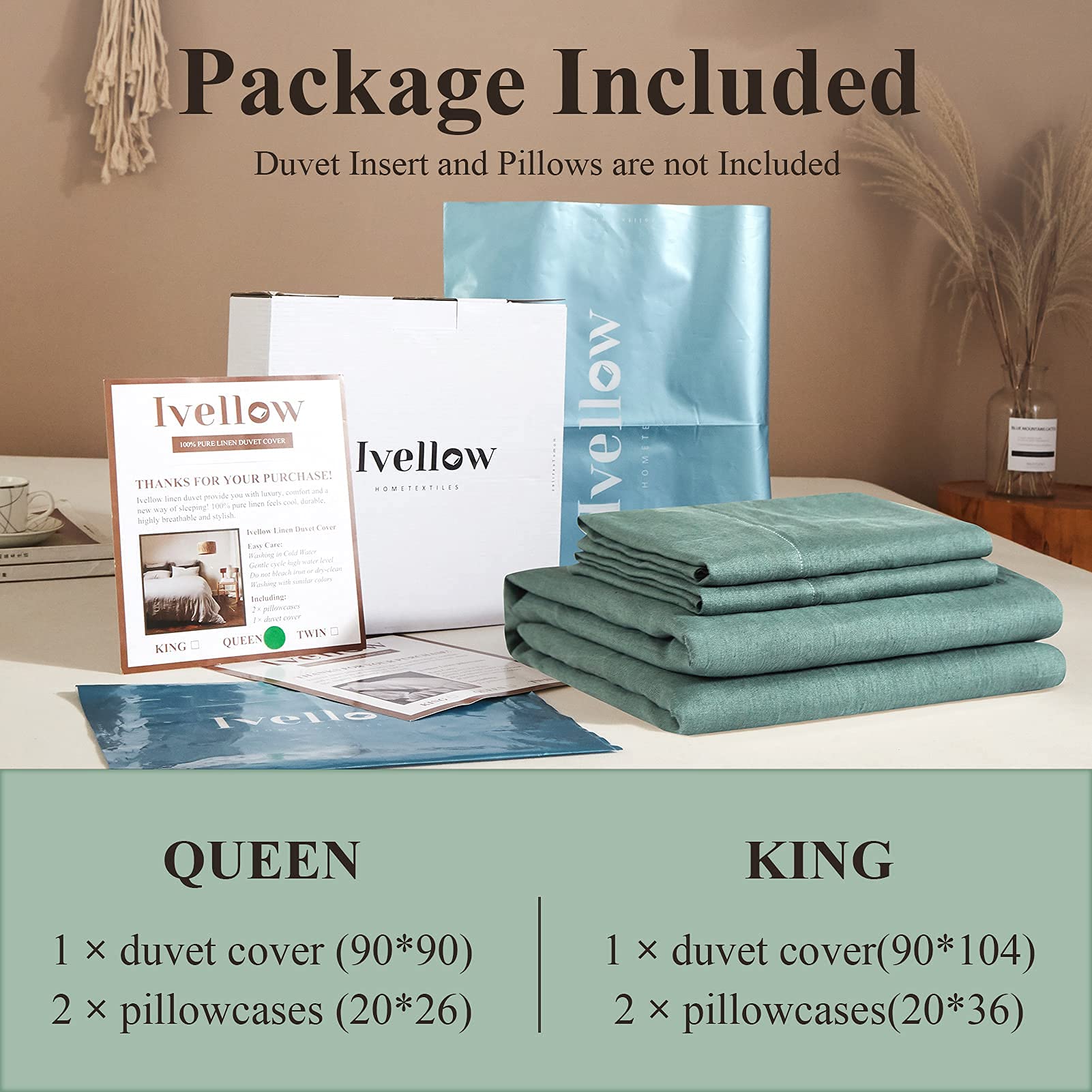 **Ivory Green Linen Duvet Cover King Size – 100% Pure Washed French Flax Linen Bedding Set (3-Piece) – Soft, Breathable & Natural – Includes 1 Duvet Cover & 2 Pillow Shams – Perfect for Eco-Friendly & Luxurious Bedroom Decor**