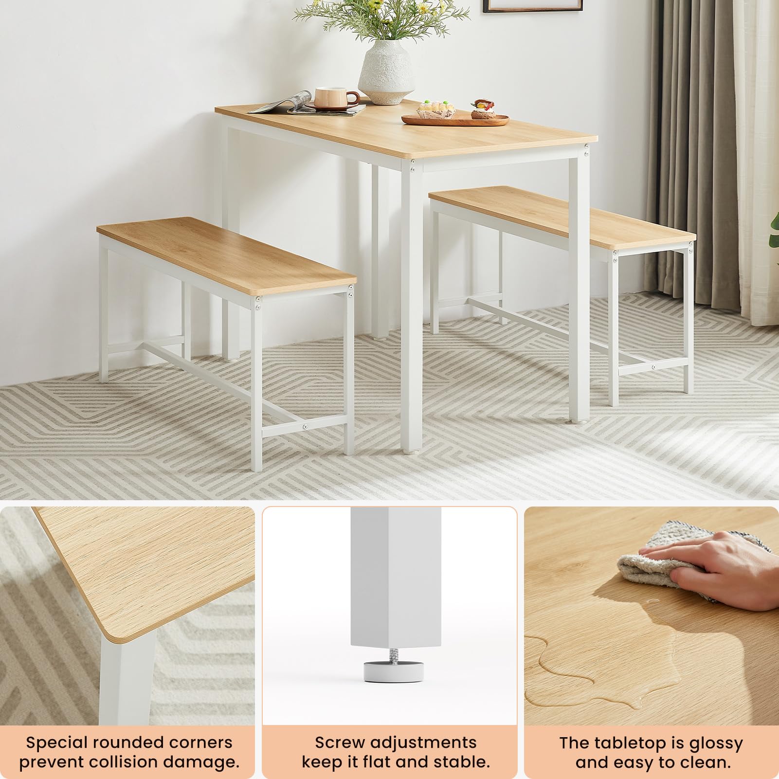 Modern 3-Piece Dining Room Set with Bench - Rectangular Table & Chairs for 4, Metal & Wood Design (Wood Top/White Legs) - Perfect for Small Spaces, Apartments & Cozy Kitchens