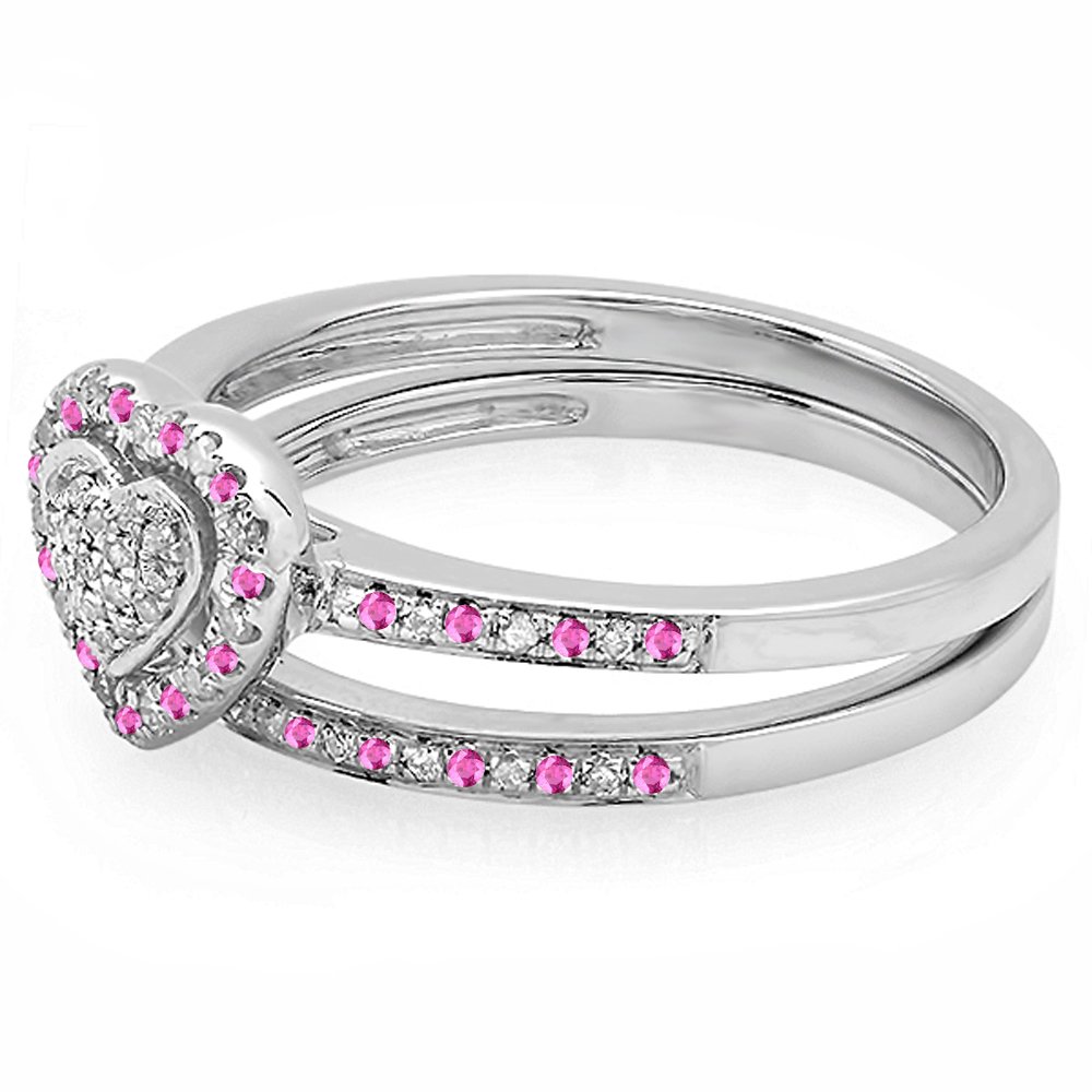Pink Sapphire & Diamond Heart Engagement Ring Set for Women - Sterling Silver Bridal Jewelry, Wedding & Anniversary Gift Idea
