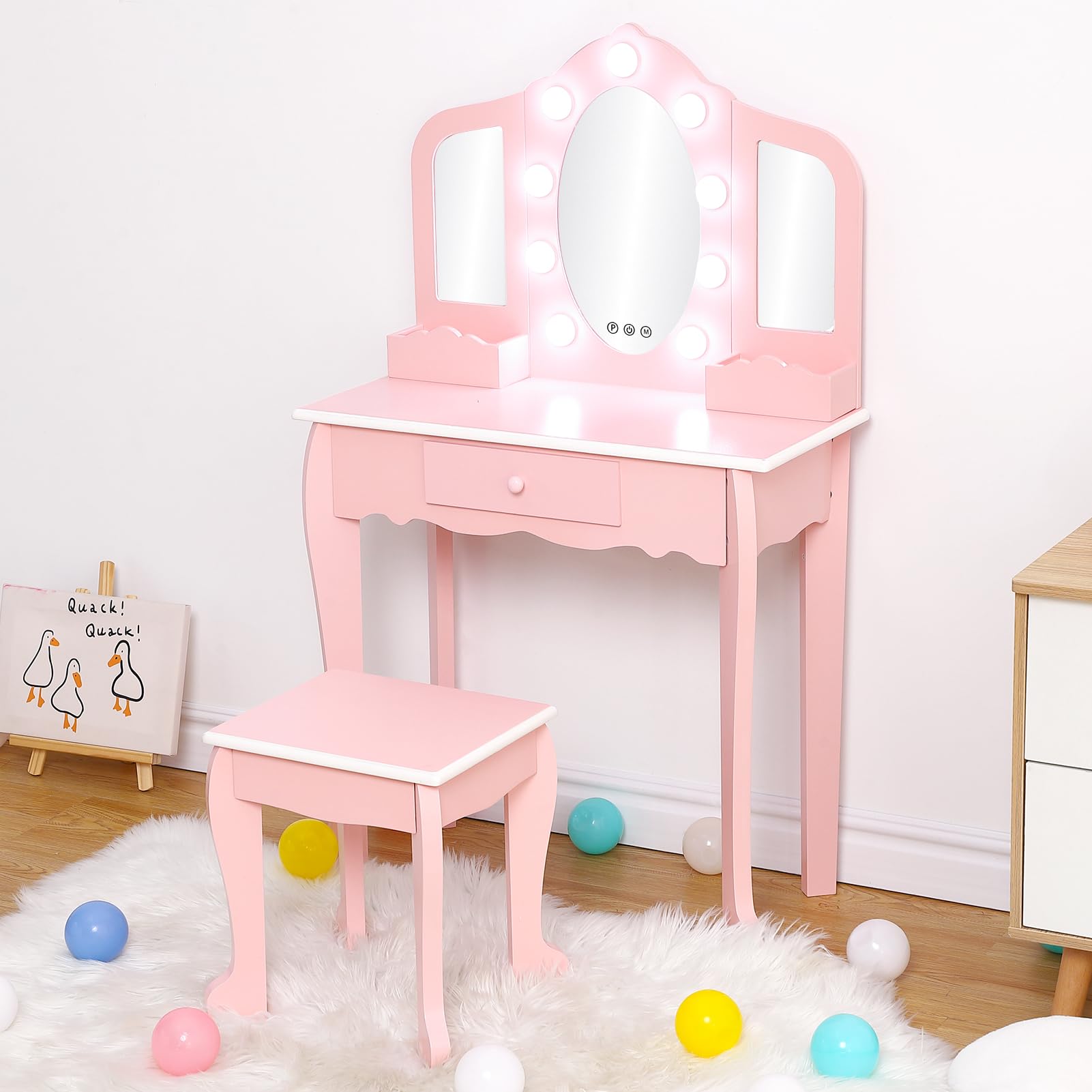 Kids Vanity Set with 3 Mirrors & Drawer - Wooden Makeup Playset with Lights for Girls Ages 4-9 | Pretend Play Dress-Up Toy | Birthday Gift for Toddlers & Preschoolers (Pink)