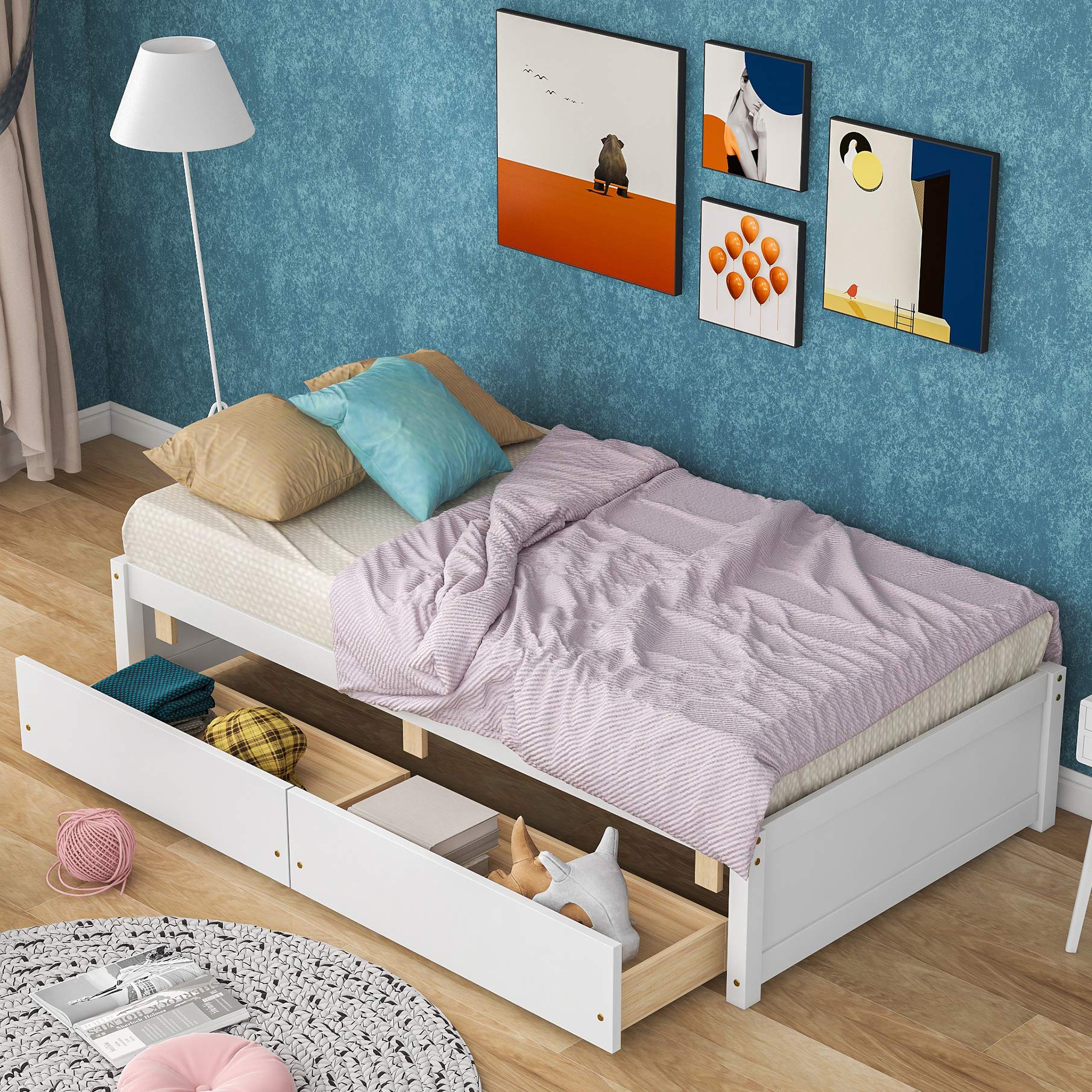 Twin Size Platform Bed Frame with Storage Drawers & Slats - Wooden Loft Captain Bed for Kids, Teens, Boys & Girls - No Headboard White - Perfect for Bedroom, Guest Room & Small Space Organization