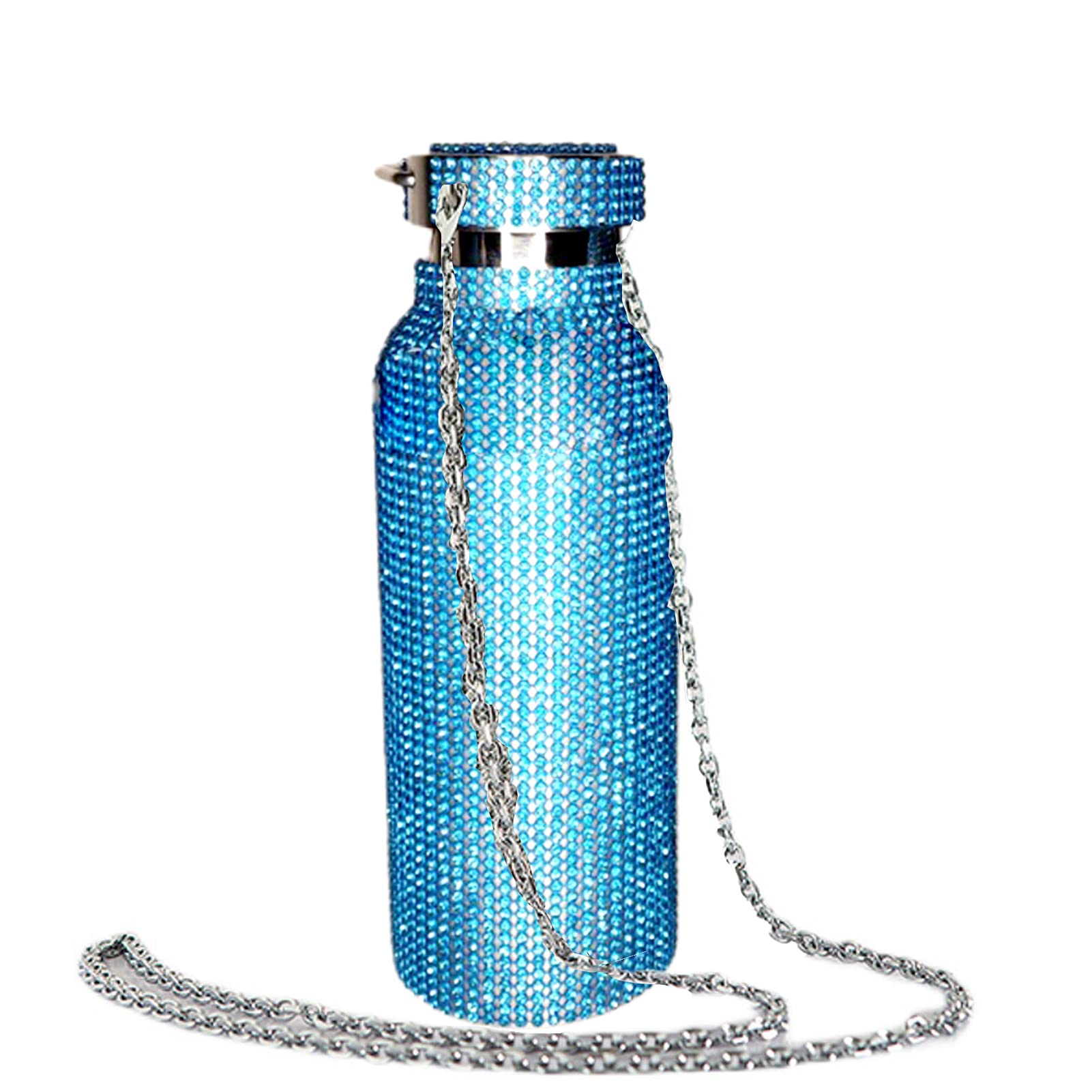 Premium Diamond Rhinestone Insulated Stainless Steel Water Bottle - 12/17/25oz (500ml) with Chain, Leak-Proof & Temperature Retention for Gym, Office & Outdoor Activities - Sparkling Blue Thermal Cup
