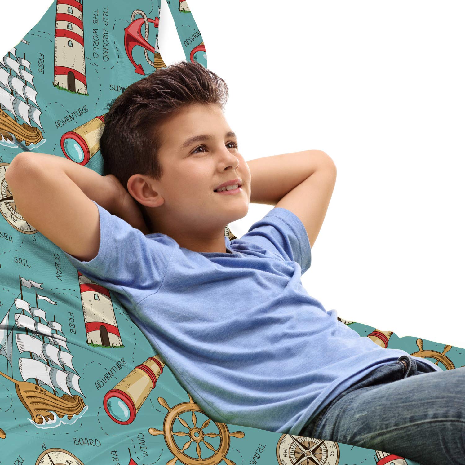 Lunarable Nautical Lounger Chair Bag - Vintage Sailing Theme with Ship, Boat, Steering Wheel & Anchor Design - High Capacity Storage with Handle - Perfect for Beach, Pool, Camping & Outdoor Travel - Multicolor