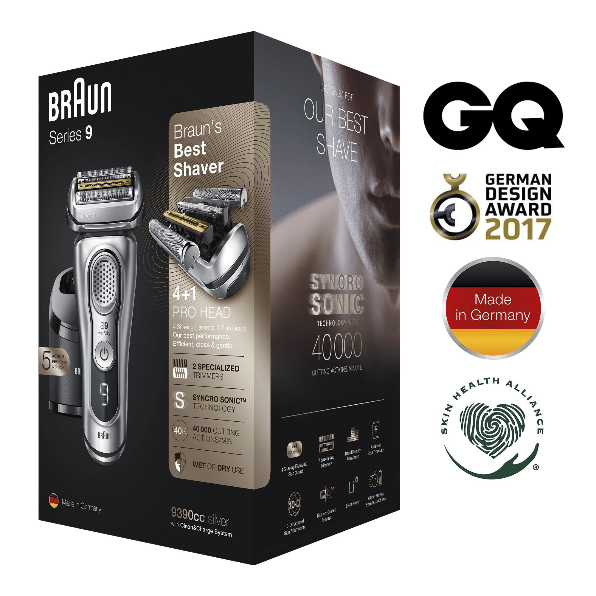 Braun Series 9 Electric Shaver for Men with Clean & Charge Station, Leather Case - 100% Waterproof, 2 Pin Bathroom Plug, Flawless Shaving - Perfect Gift for Dad, Husband, Boyfriend (Model 9390cc, Silver) - Ideal for Travel, Home Use & Wet/Dry Shaving