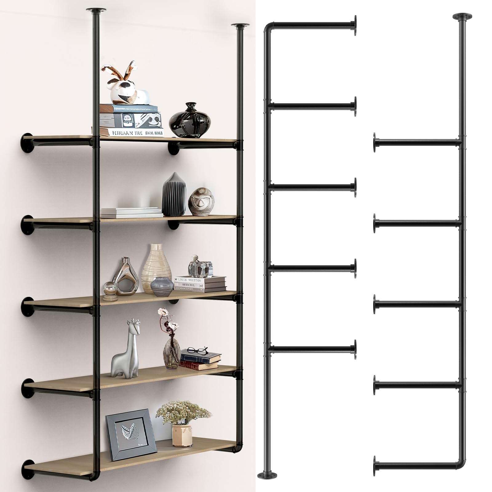Industrial Wall Mount Iron Pipe Shelf - 5-Tier Heavy Duty Open Shelving Bracket (No Plank Included) DIY Vintage Black Retro Bookshelf for Office, Kitchen, Living Room & Garage Storage - Perfect for Displaying Decor, Plants & Organizing Spaces