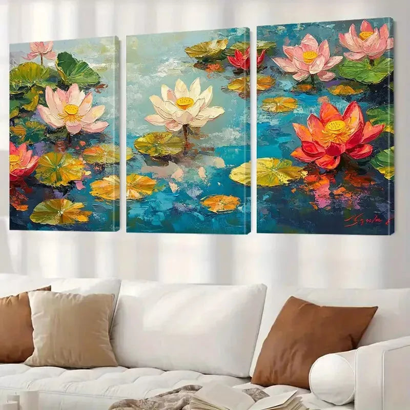 3pcs Pink Lotus Flower Canvas Art Set - Framed Wall Decor 50x70cm, High Quality Print, Ready to Hang | Australian Made Home & Office Decoration for Living Room, Bedroom, Spa