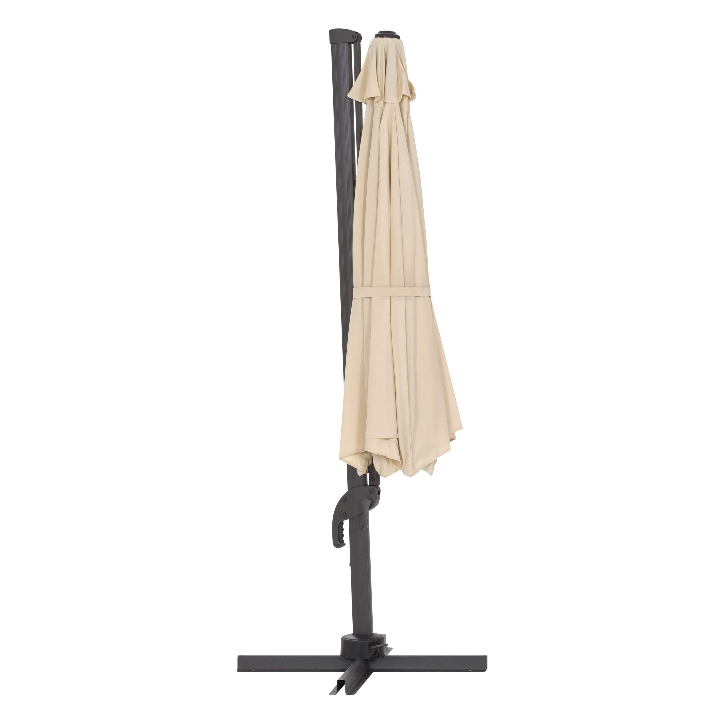 CorLiving 11.5ft Deluxe Offset Patio Umbrella with Base Weights - Warm White Fabric Canopy for Outdoor Shade - Perfect for Poolside, Backyard, Deck, and Garden Relaxation