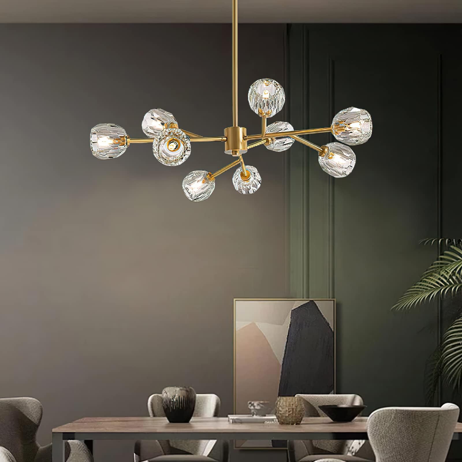 Mid Century Modern Sputnik Chandelier - 9-Light Gold Branch Crystal Pendant Light Fixture for Dining Room, Bedroom & Living Room | Elegant Ceiling Lighting for Home Decor & Special Occasions