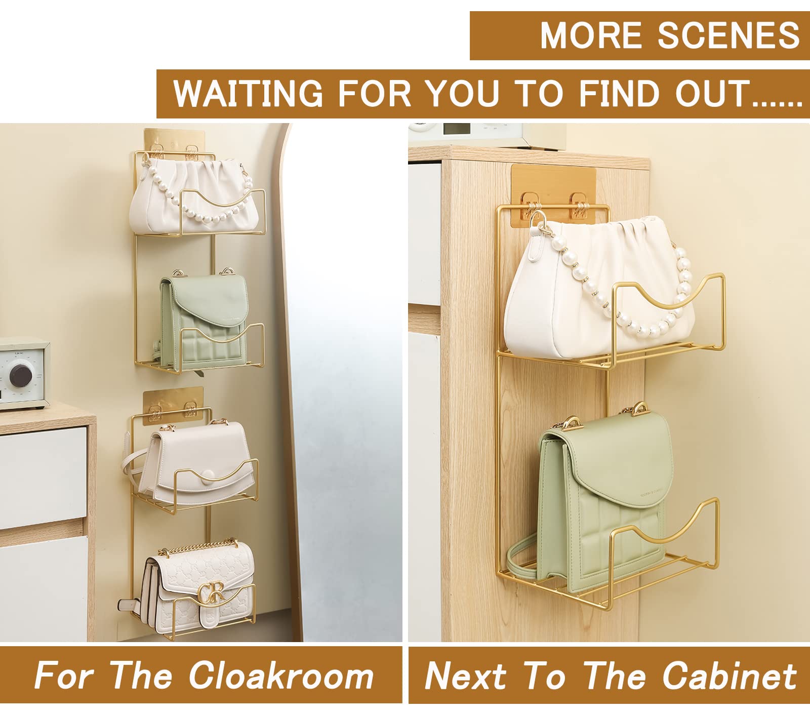 Hanging Handbag Organizer for Closet - Wall Mount Purse Storage Holder with 2 Shelves | Space Saving Metal Handbag Display Shelf | Gold Finish | Perfect for Bedroom, Walk-in Closet, and Dorm Organization