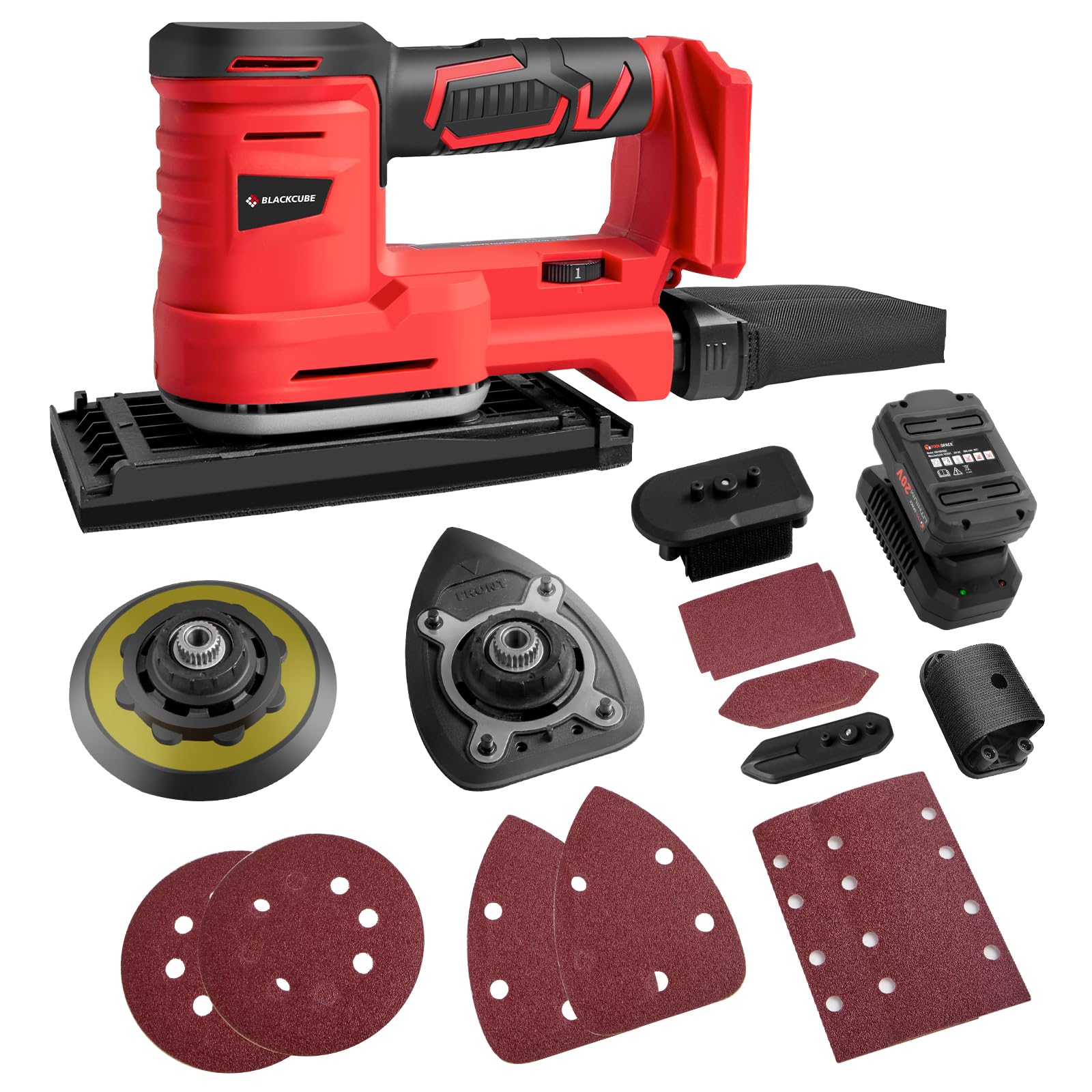 BLACKCUBE 20V Cordless 5-in-1 Multi-Function Detail Sander with 6 Speed Control, Dust Bag, 2.0Ah Battery & Fast Charger - Perfect for Wood Sanding, Furniture Refinishing, DIY Projects - Includes 10 Sanding Papers