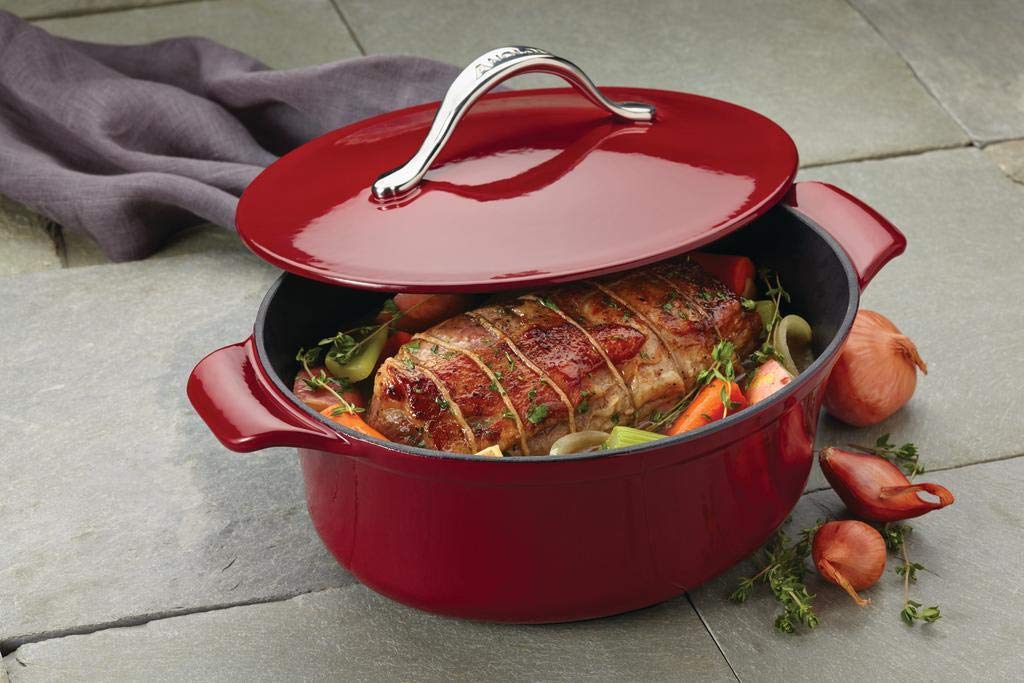 Anolon Vesta 4 Quart Cast Iron Casserole Pan with Lid - Paprika Red | Dutch Oven for Baking, Braising & Slow Cooking | Perfect for Soups, Stews & One-Pot Meals