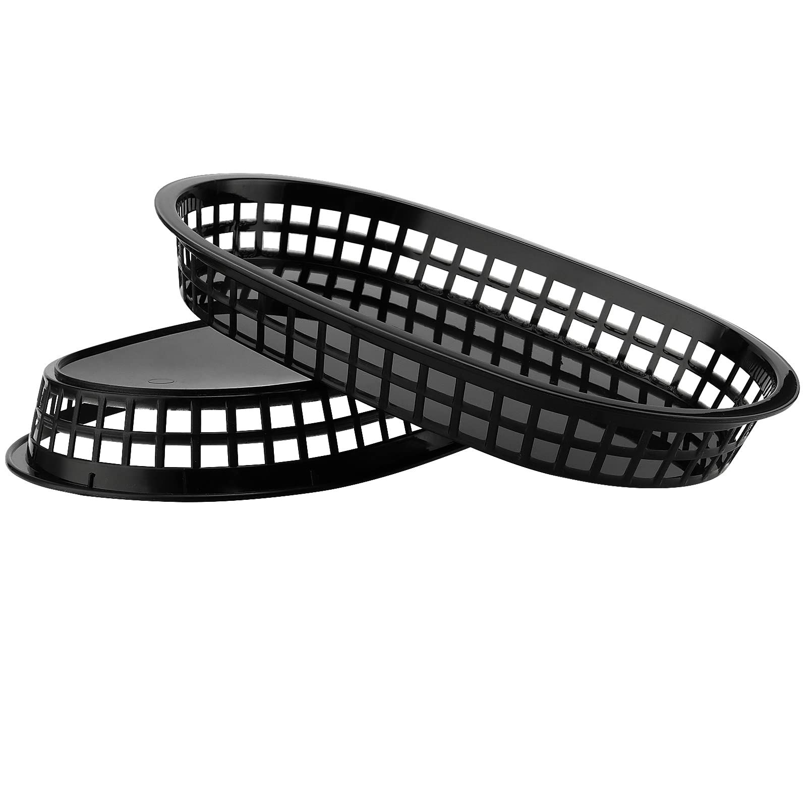 24-Pack 11x7 Inch Black Plastic Fast Food Serving Baskets - Oval Deli Trays for Burgers, Hot Dogs, Sandwiches, Fries & BBQ | Perfect for Restaurants, Food Trucks, Catering & Outdoor Parties