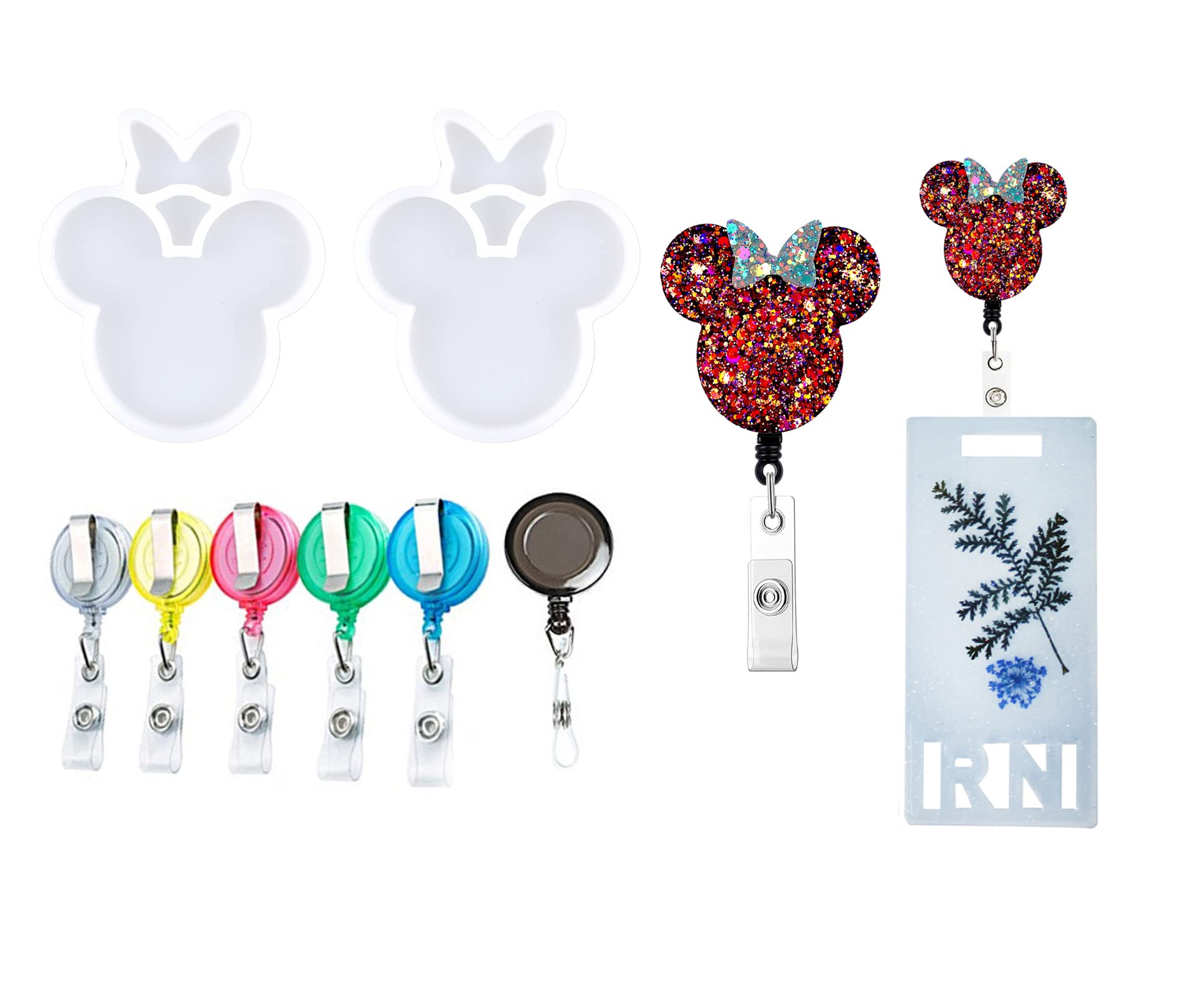 2pcs Mouse Head Badge Reel Molds for Resin Casting - Silicone Mold with 6 Retractable Badge Holders - DIY Epoxy Name Tag & ID Badge Making Kit - Perfect for Office, Hospital, School & Event Staff Accessories