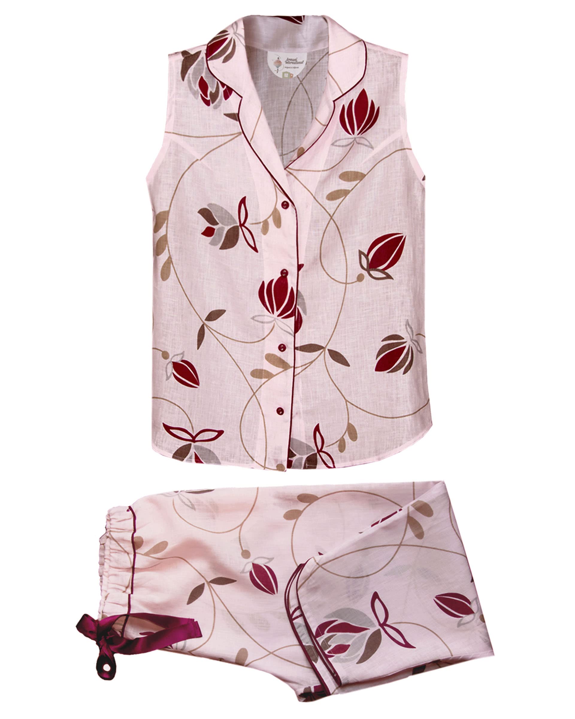Armani International Women's Sleeveless Pajama Set - Dusty Rose Floral Print, European Tailored Luxury Sleepwear for Comfortable Nights & Relaxation at Home