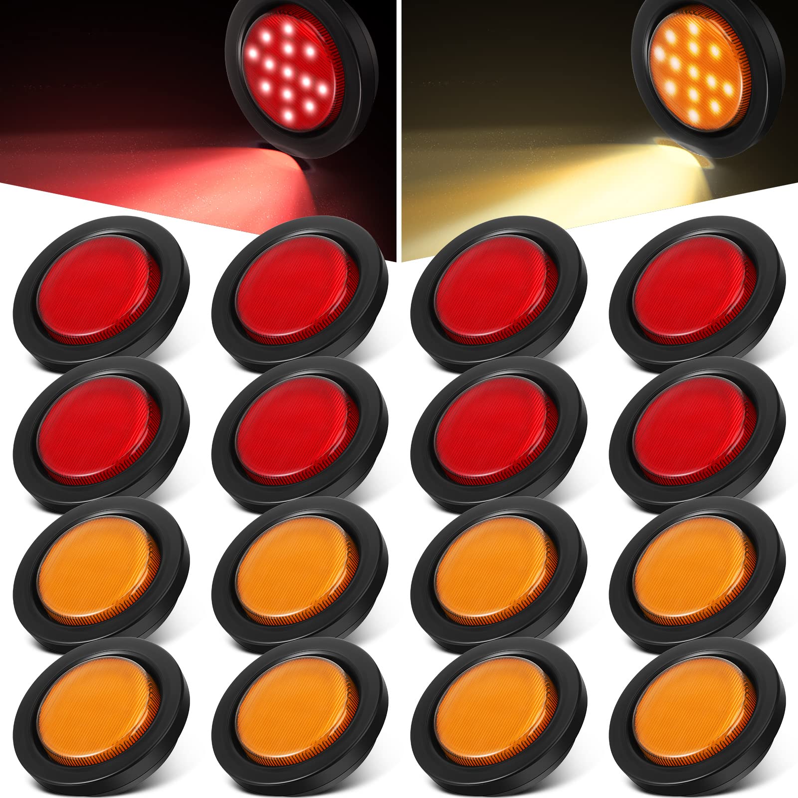 Retisee 16 Pcs 2.5 Inch Round Clearance Lights - 13 LED Waterproof 12V Flush Mount Marker Lamps for Trucks, RVs, Cars, Buses, Trailers, Vans, Caravans & Boats (Red/Amber) - Durable Side Marker Indicators for Enhanced Night Visibility & Safety