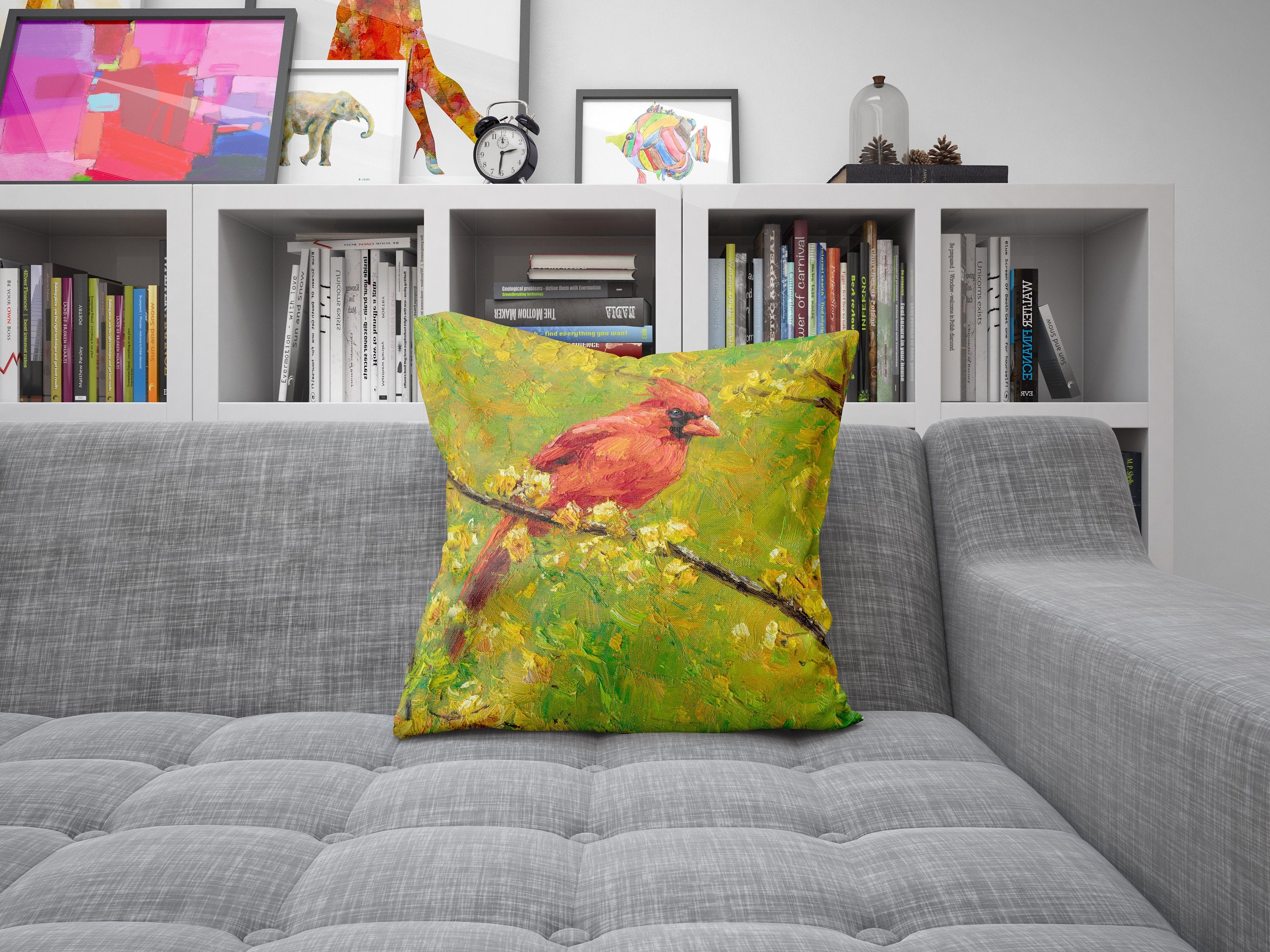 Northern Cardinal Male Red Bird Pillow Cover - Soft & Comfortable Square Throw Pillow with Bright Yellow Design - Perfect for Home Decor, Living Room, Bedroom & Sofa Accent