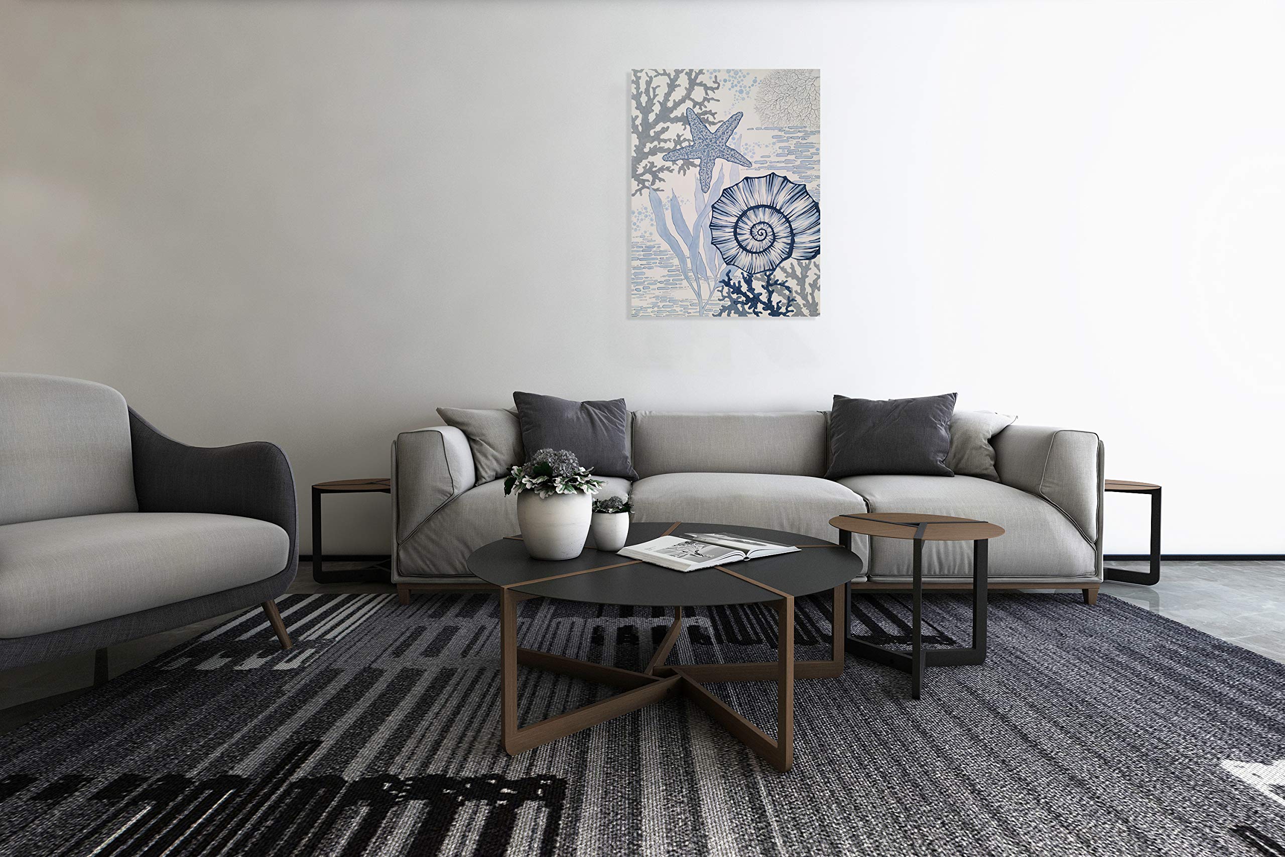 Hand Painted Coastal Canvas Wall Art - Blue and White Sea Shell & Starfish Painting for Living Room, Bedroom, Bathroom Decor | Beach Theme Home Décor, Perfect for Coastal Style Interiors