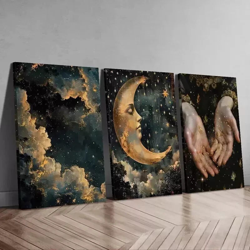 3-Piece Melancholic Celestial & Abstract Night Sky Wall Art Set - Framed Canvas 50x70cm (20x28in) | High Quality Print | 100% Australian Made | Ready to Hang | Perfect for Living Room, Bedroom & Office Decor