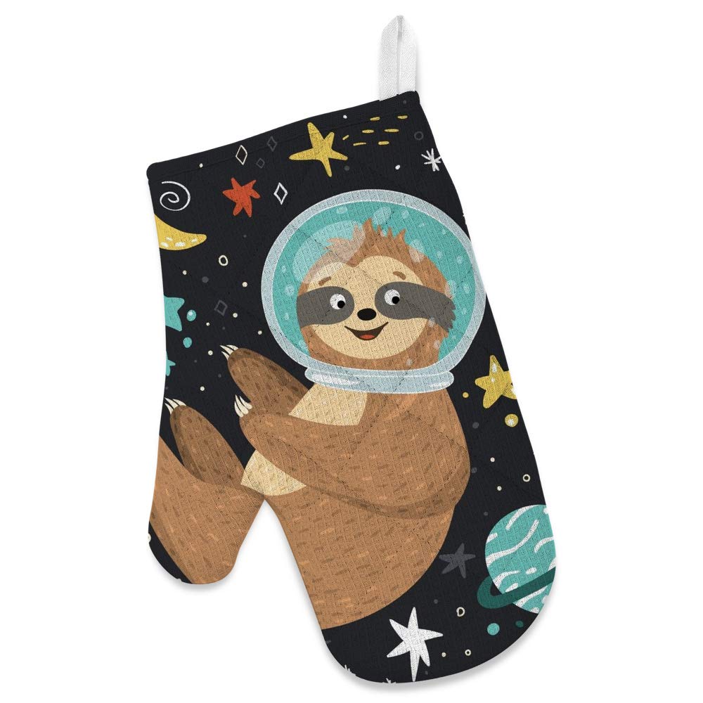 Kuizee 3-Piece Kitchen Apron Set - Cute Sloth Astronaut Cartoon Design, Funny Space-Themed Pot Holder, Apron & Oven Mitts for Cooking, Baking & BBQ - Perfect Gift for Home Chefs & Grill Masters