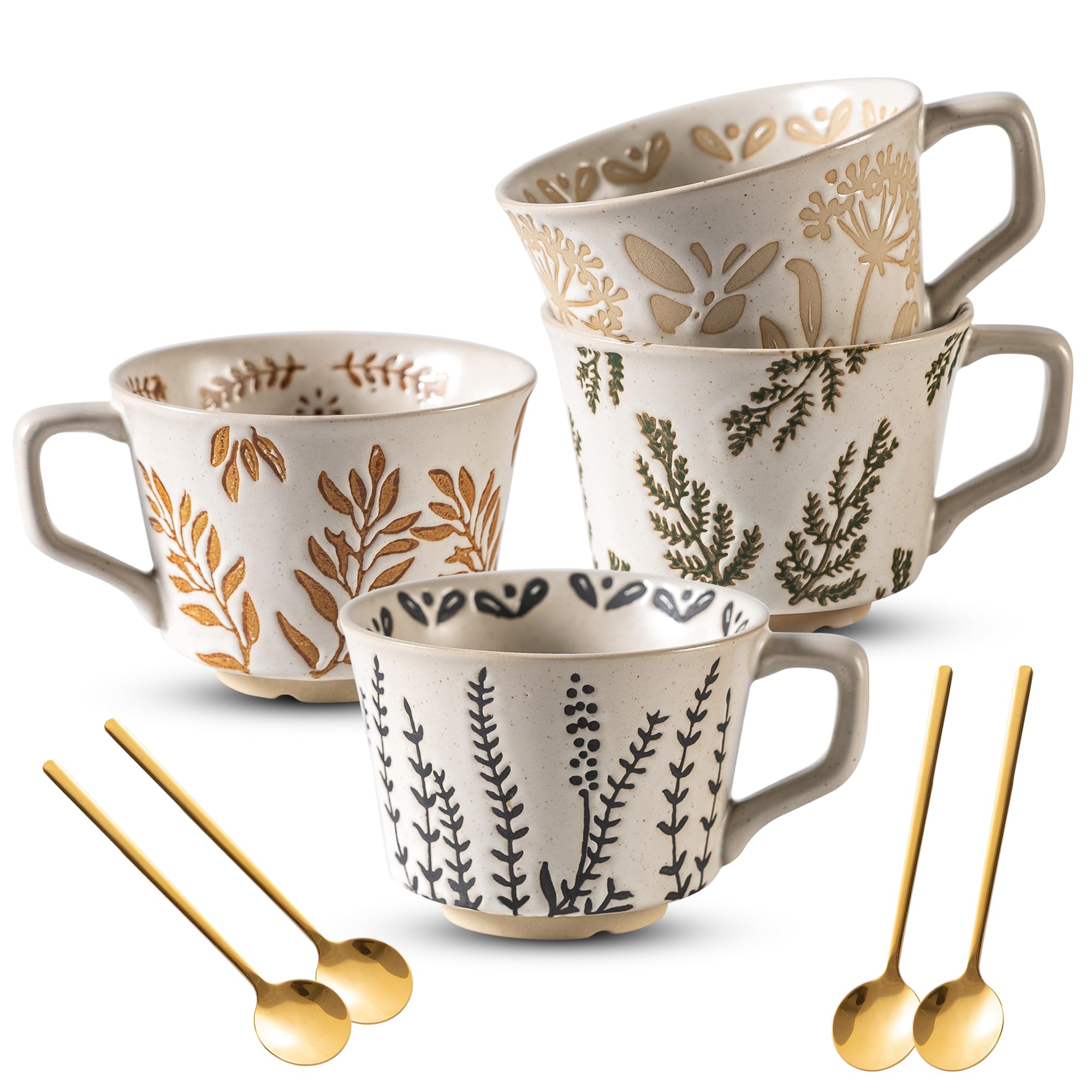 Premium 11 oz Ceramic Coffee Mugs Set of 4 with Luxury Spoons - Stoneware Cups for Coffee, Tea, Latte & Cappuccino - Dishwasher & Microwave Safe - Perfect for Office, Home Use or as Birthday Gifts