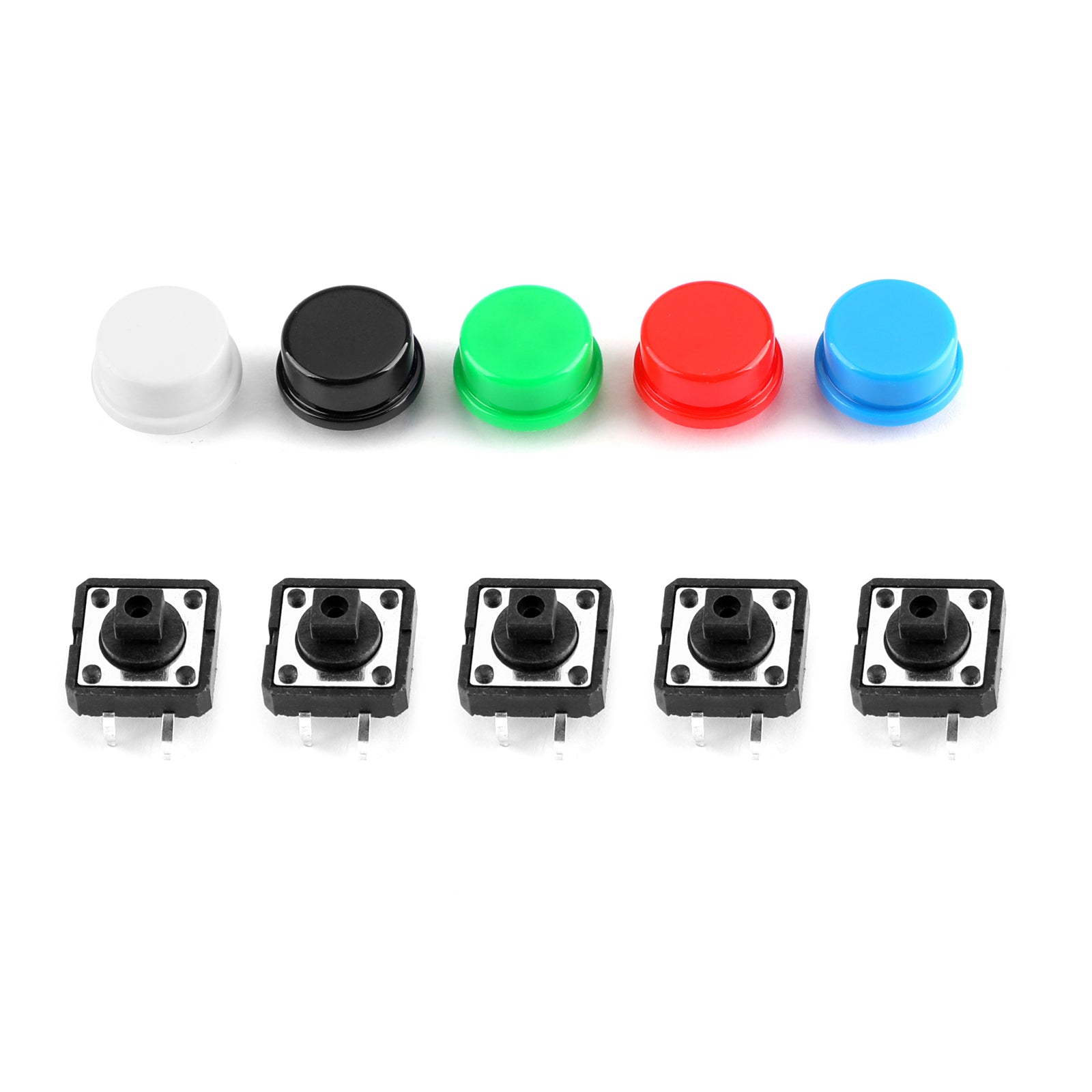 100 Pairs Tactile Switches with Round Button Caps - 12x12x7.3mm Micro Switch Kit in 5 Colors for DIY Electronics, Keyboard Repair & Arcade Button Replacement