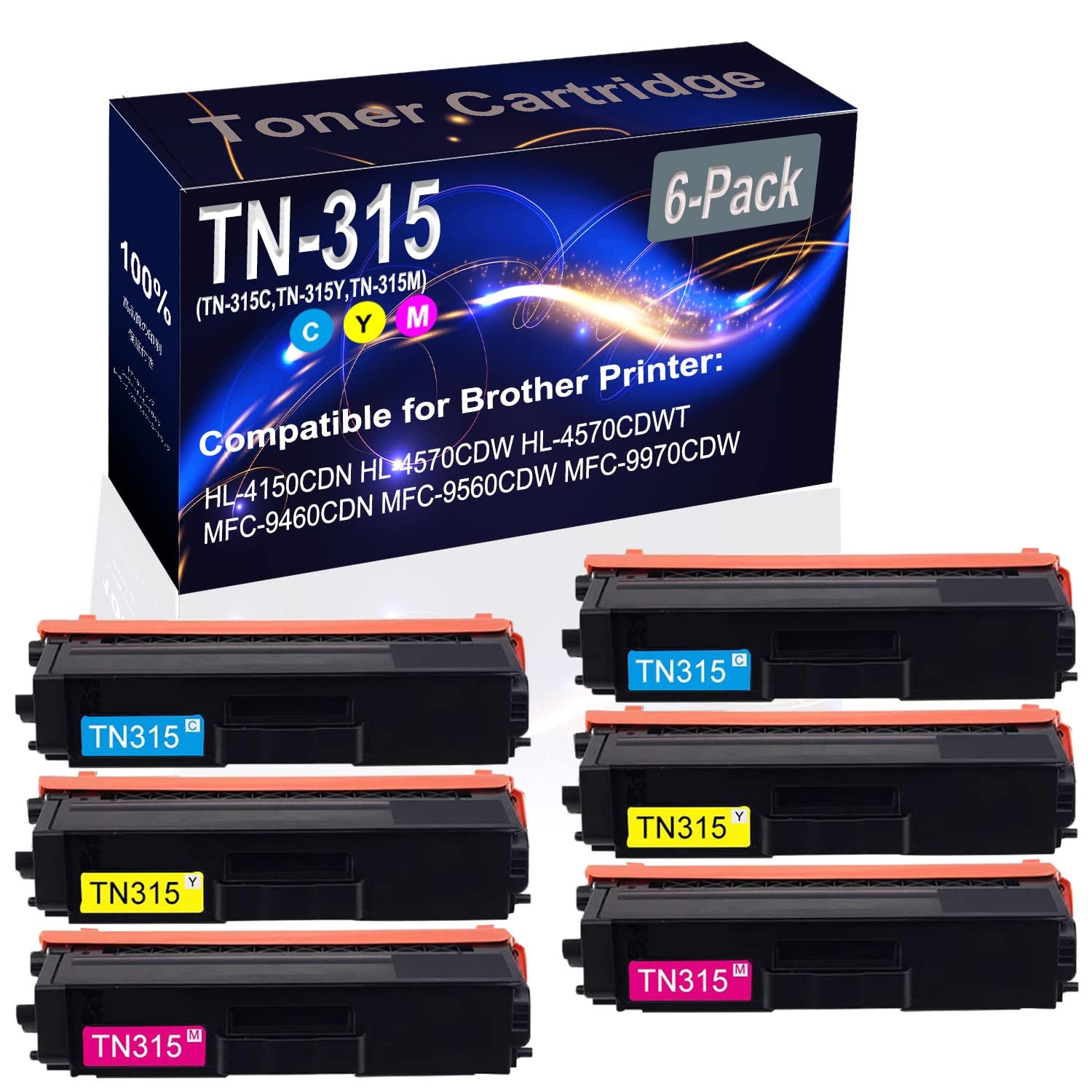 6-Pack High Capacity Replacement Toner Cartridge for Brother HL-4150CDN HL-4570CDW HL-4570CDWT - Compatible with TN315 TN-315 Series (2C+2Y+2M) | Ideal for Office & Home Printing, Business Documents & Color Projects