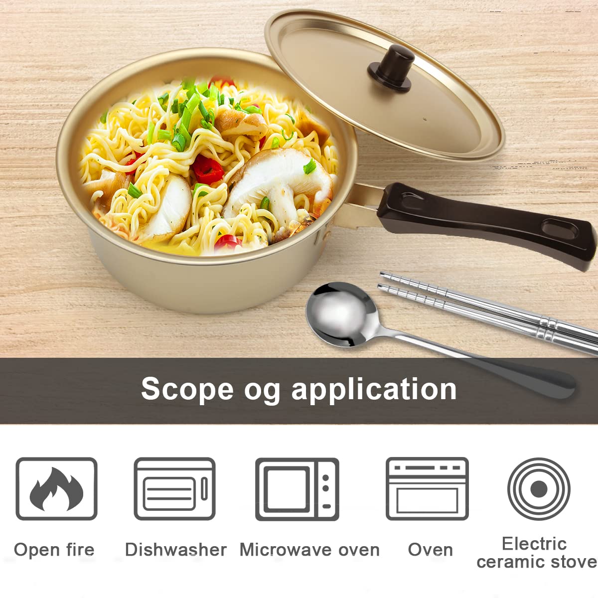 **AHIER Korean Ramen Cooking Pot with Lid, Spoon & Chopsticks - Fast Heating Noodle Pot for Stovetop & Camping - Single Handle Non-Stick Kitchen Cookware**