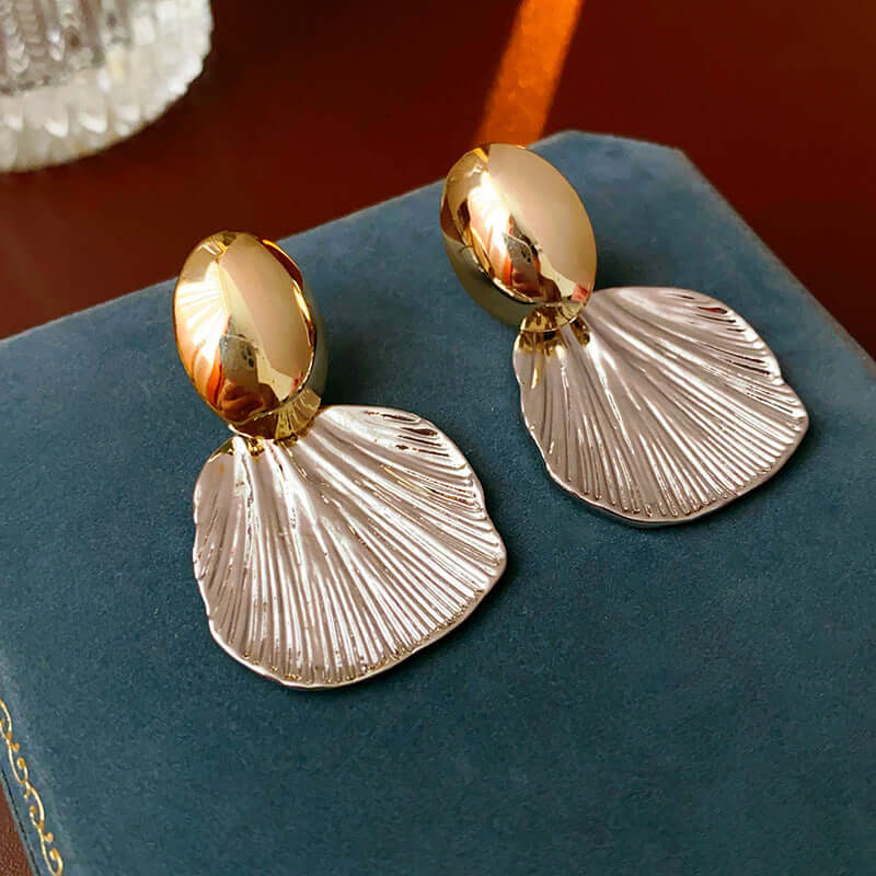 Textured Two Tone Abstract Fan Shaped Shell Drop Earrings for Women | R2690 | Boho Beach Wedding Party Jewelry Gift