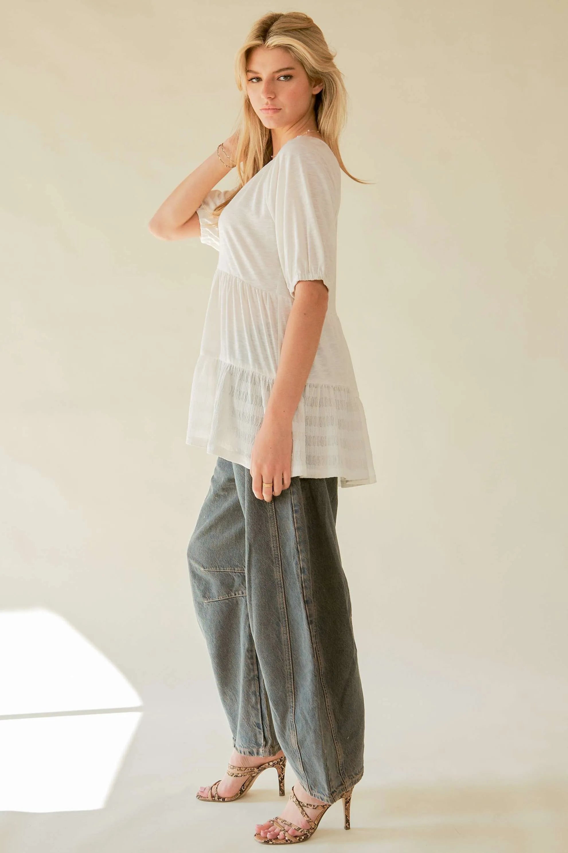Boho White Ruffled Flare V-Neck Blouse for Women - Beachy Summer Top for Vacation, Date Night & Casual Outings