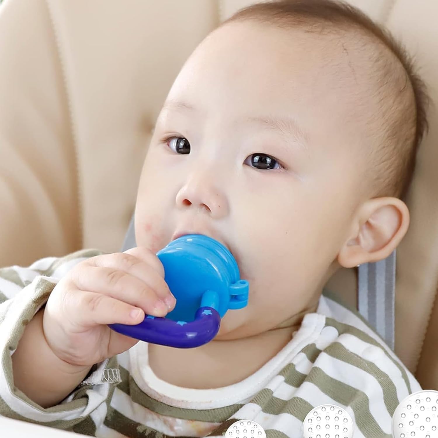 Miracle Moms Silicone Baby Fruit Feeder - BPA Free Teether & Pacifier for Infants 6-12 Months - Safe Nipple Feeder for Newborns (Blue) - Perfect for Soothing Teething Pain & Introducing First Fruits