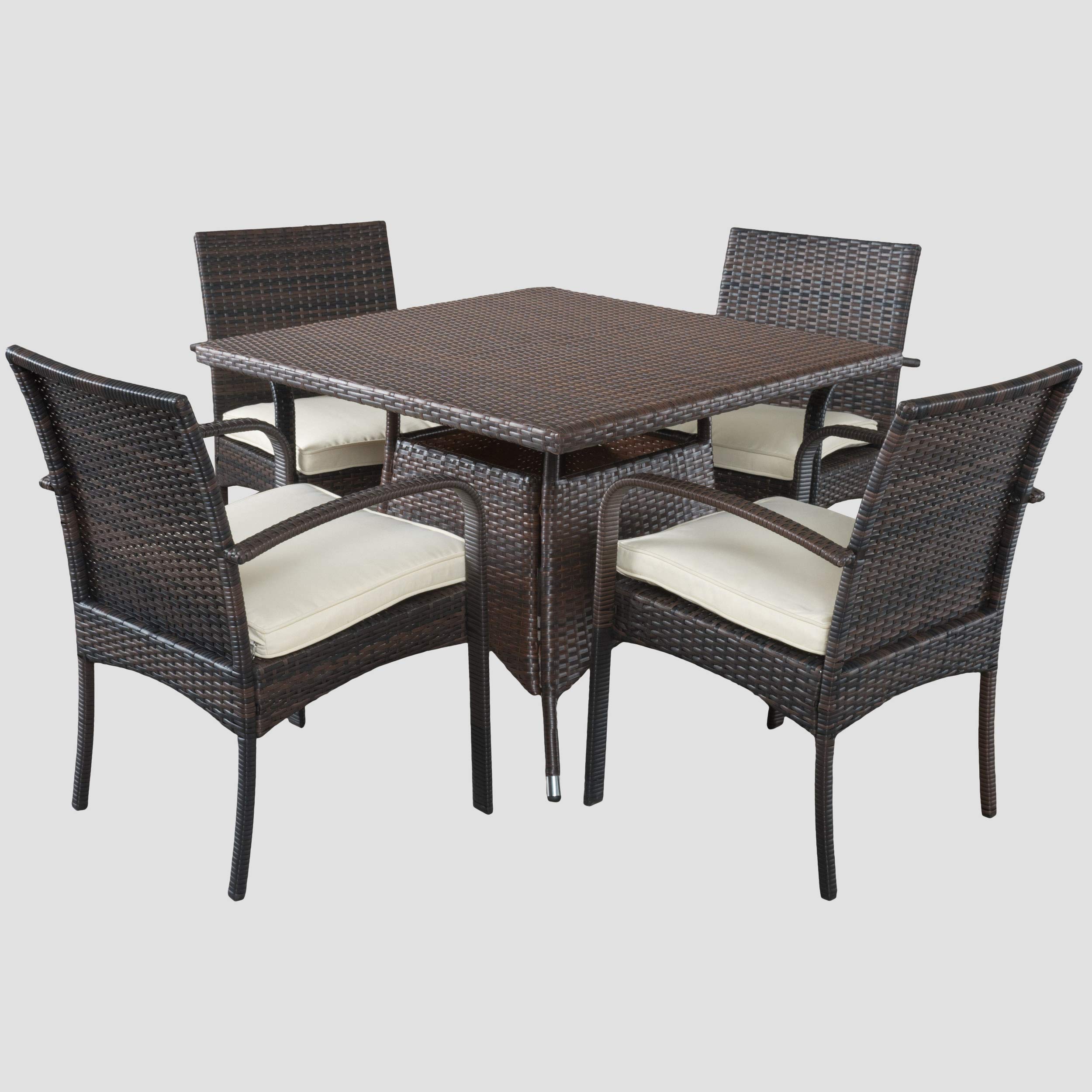 Christopher Knight Home Patterson 5-Piece Outdoor Wicker Dining Set - All-Weather Rattan Furniture with Cushions, Brown Patio Set for Garden, Poolside & Backyard Dining