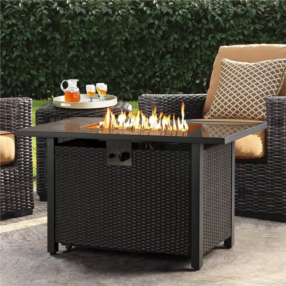 Yaheetech 43 Inch Outdoor Propane Fire Pit Table - Square Fire Pit for Patio, Backyard, Garden with Lava Rocks & Waterproof Cover - Perfect for Camping, BBQ Parties & Relaxing Evenings