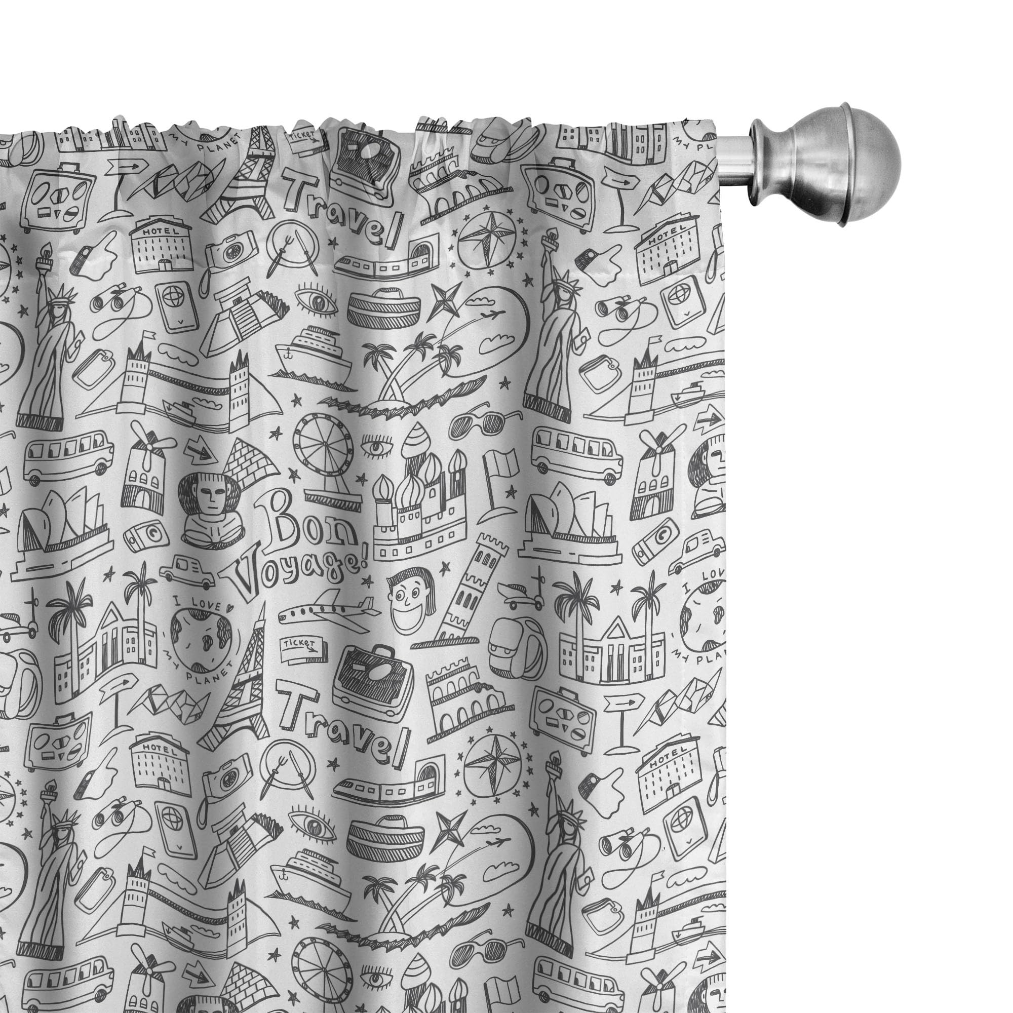 Ambesonne Travel Themed Window Curtains - Sketch Style Tourism Design in Charcoal Grey & White | Lightweight 2-Panel Set with Rod Pocket (28x84 inches) | Perfect for Living Room, Bedroom & Travel-Themed Decor