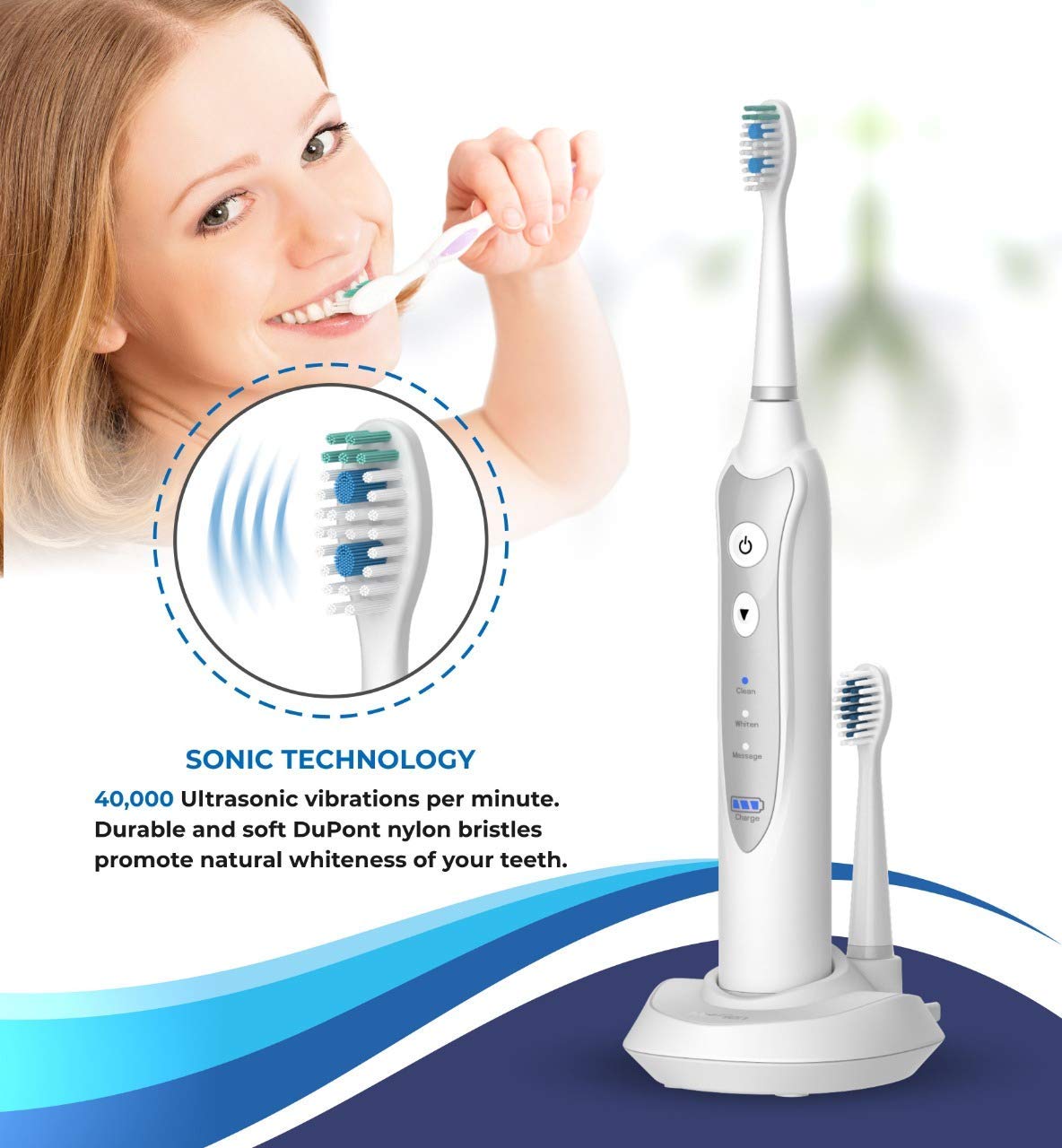 Sonic Electric Toothbrush with 3 Brushing Modes & Timer - 5 Replacement Heads & Fast Wireless Charging - Black/White Travel Toothbrush for Home, Office & Vacation Use