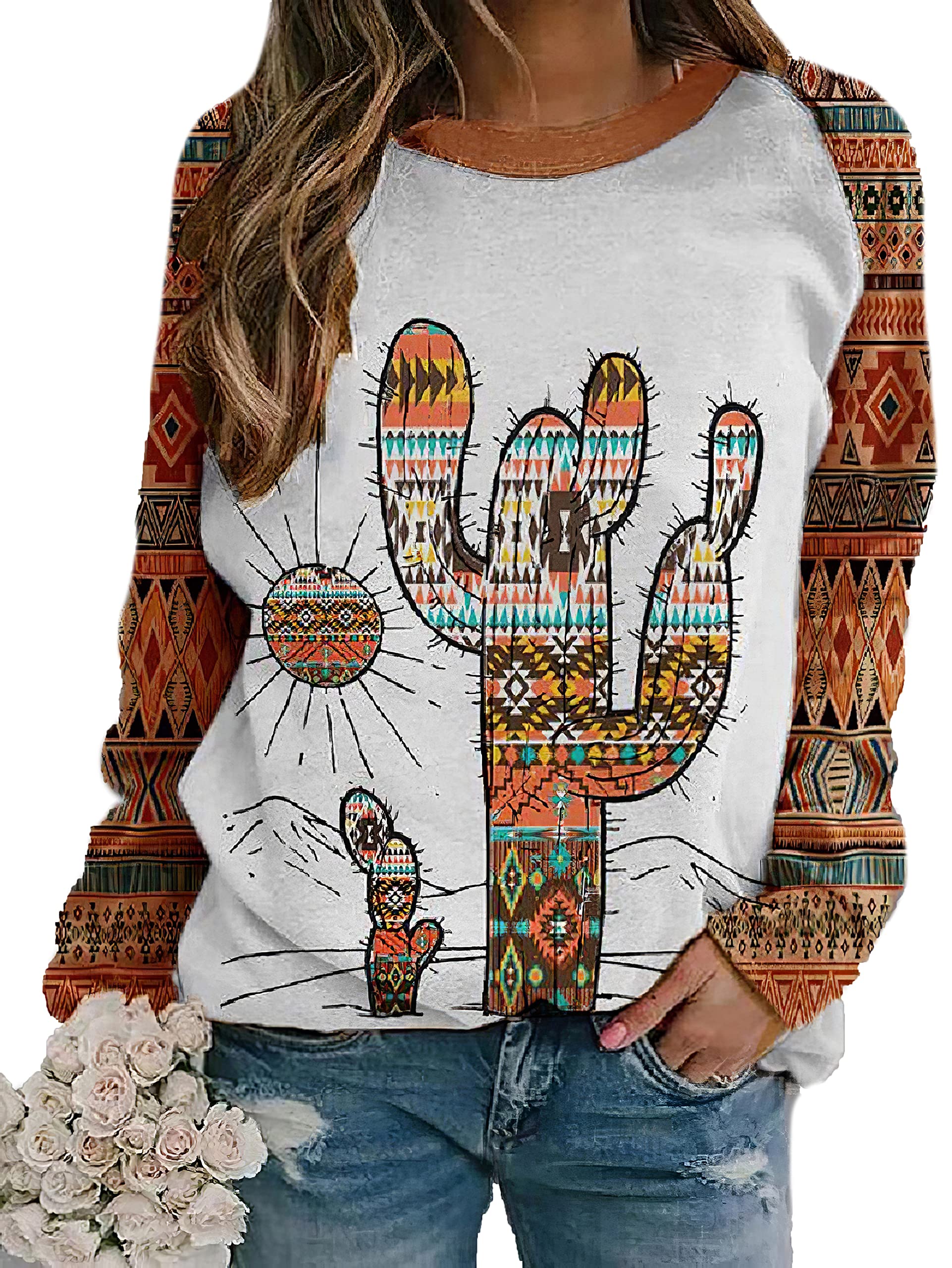 Vintage Aztec Print Women's Crewneck Sweatshirt - Casual Western Style for Everyday Wear