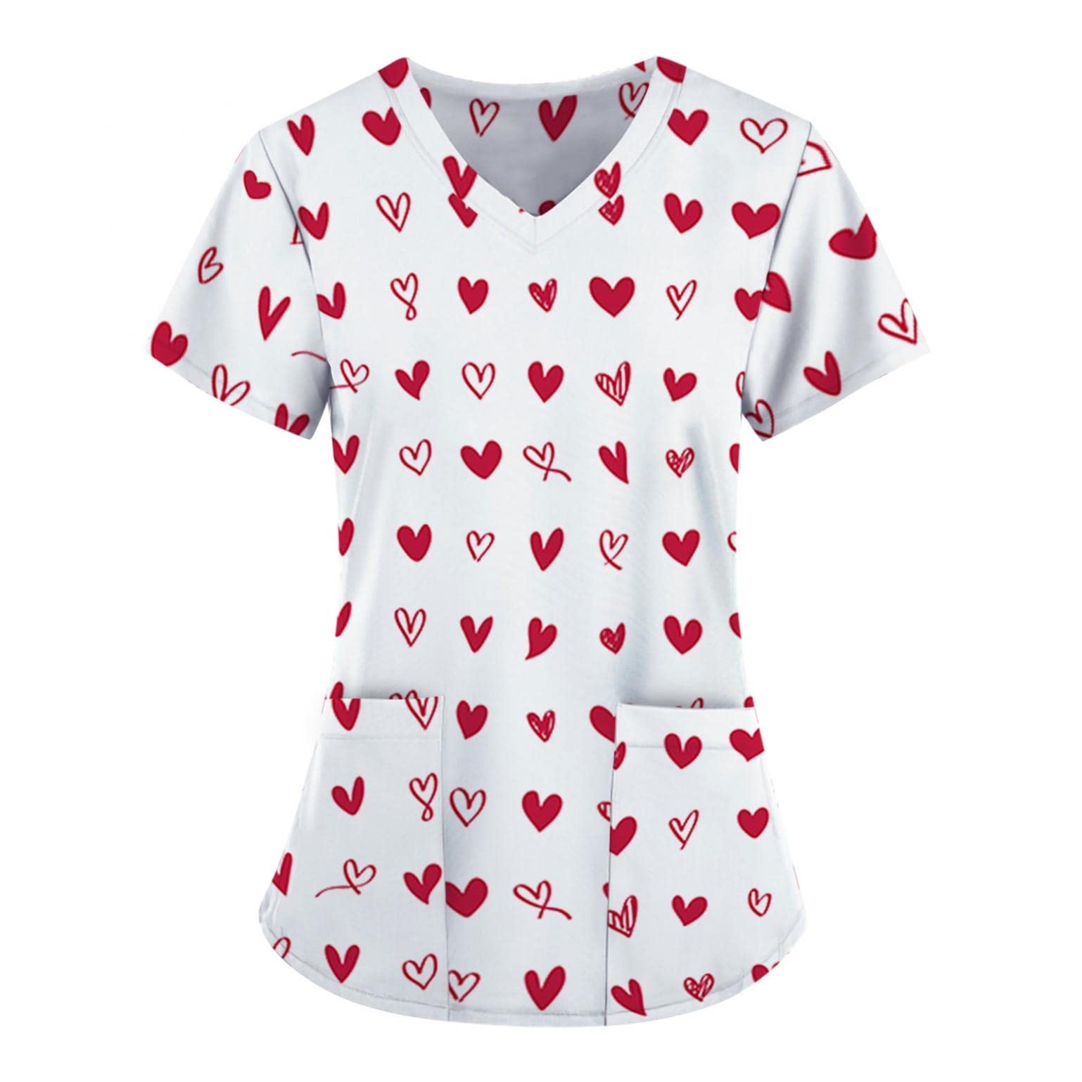 ZDFER Women's Short Sleeve V-Neck T-Shirt with Valentine's Day & Easter Print - 2 Pocket Work Uniform Blouse for Office, Nursing, or Casual Wear