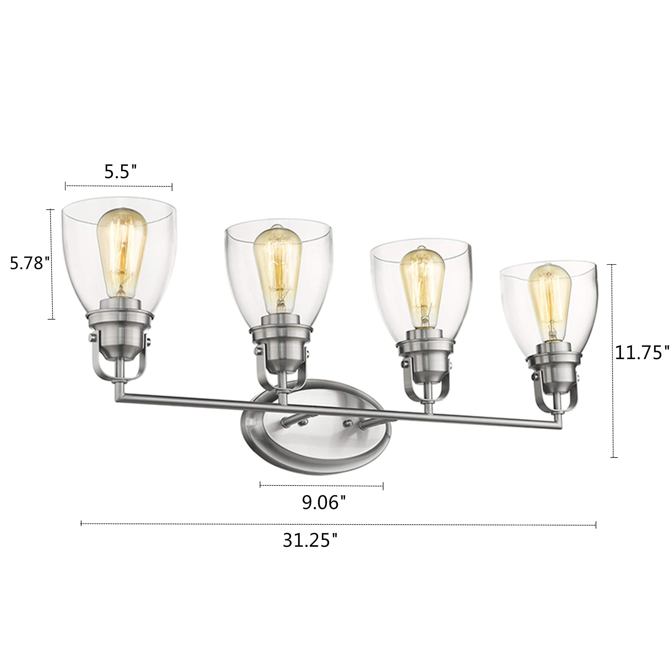 Brushed Nickel Bathroom Vanity Light - 4-Light Contemporary Fixture with Clear Glass Shade, 31