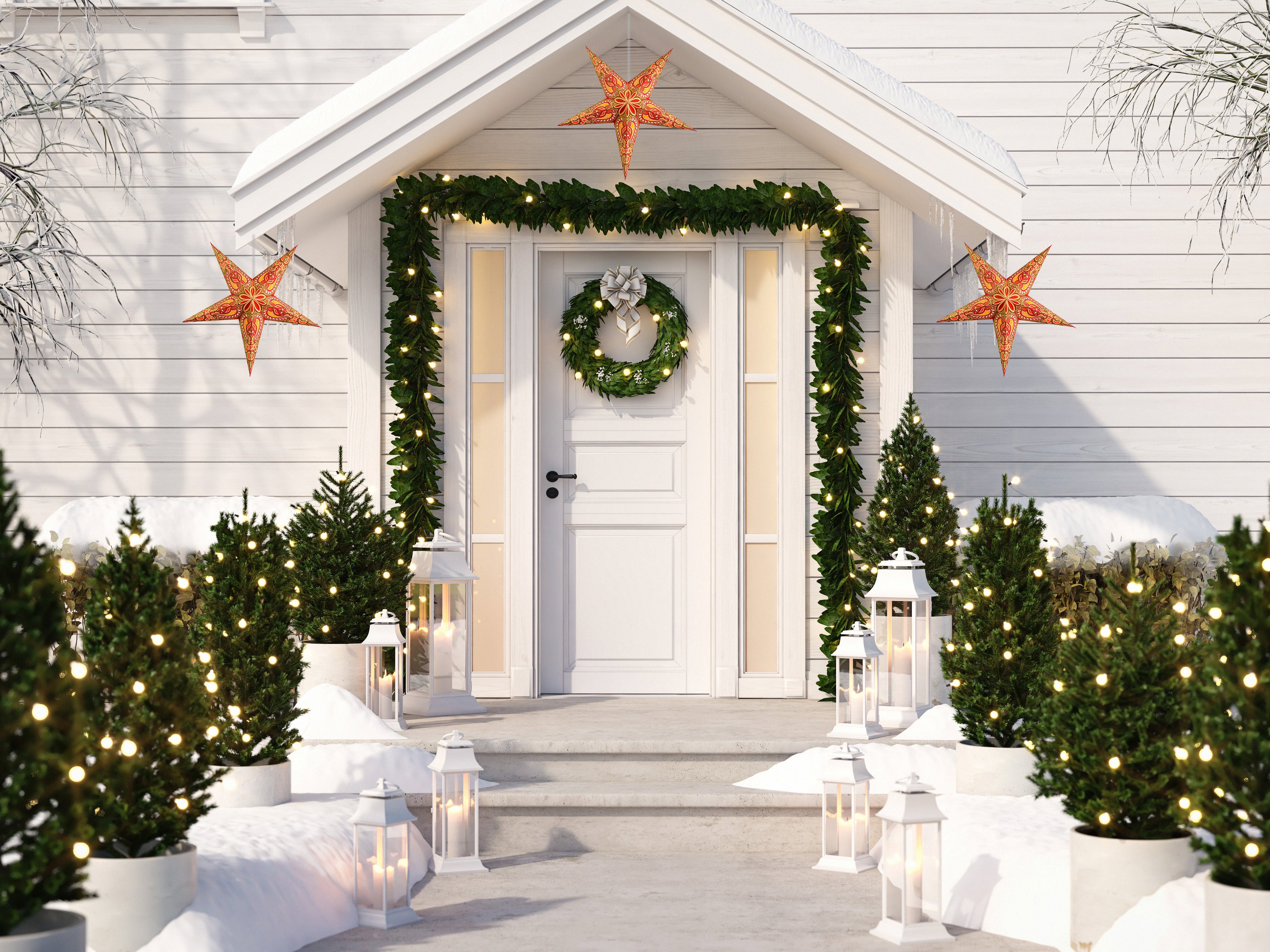 3 Pack 24 Inch Paper Star Lanterns - Red & Green Stellar Bloom Glitter Hanging Decor with Triple Pendant Lights | Perfect for Christmas, Party, Wedding & Home Decoration