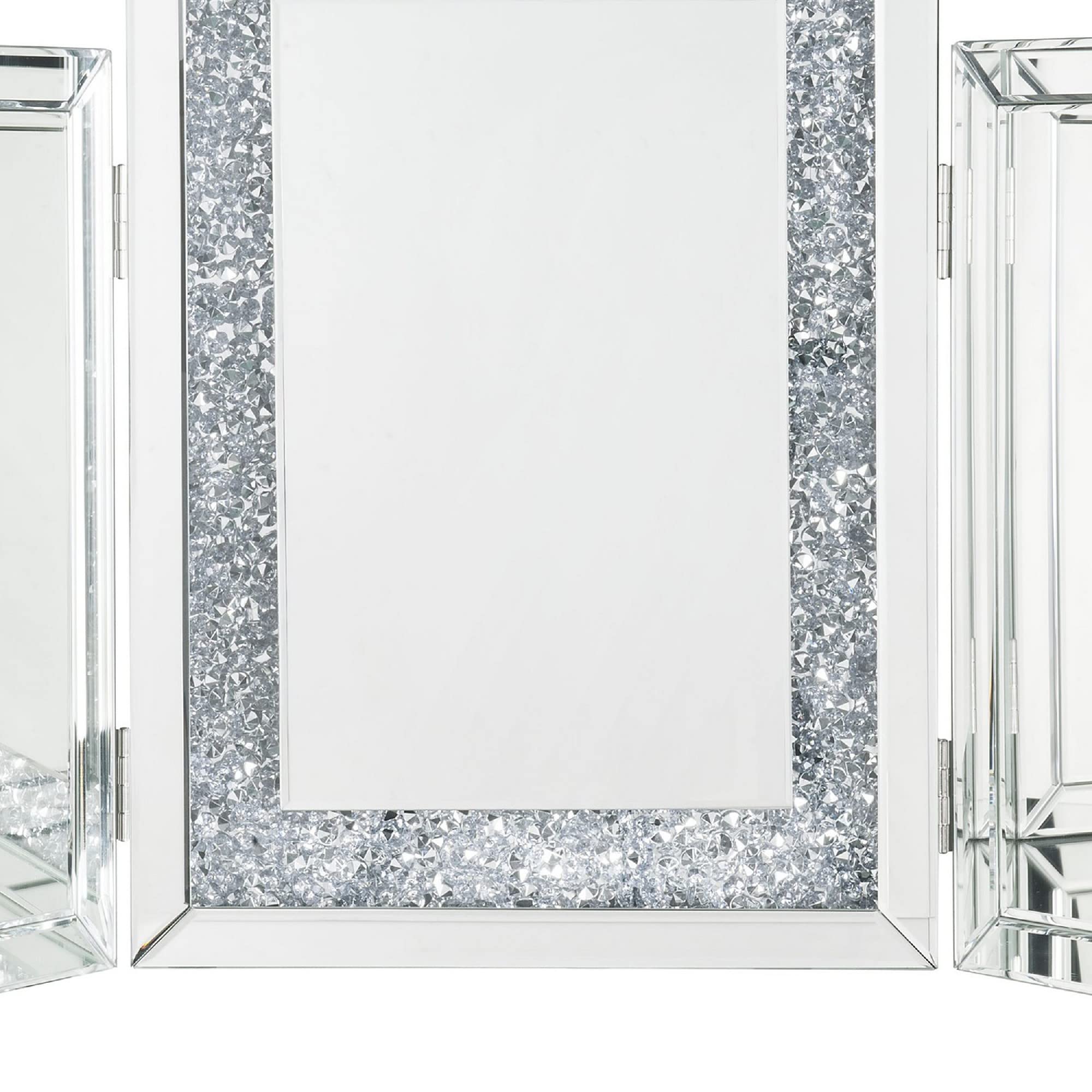 Benjara Silver Tri-Fold Mirror Panel with Faux Diamond Accents - Elegant Home Decor for Bedroom, Living Room & Vanity Makeup Area