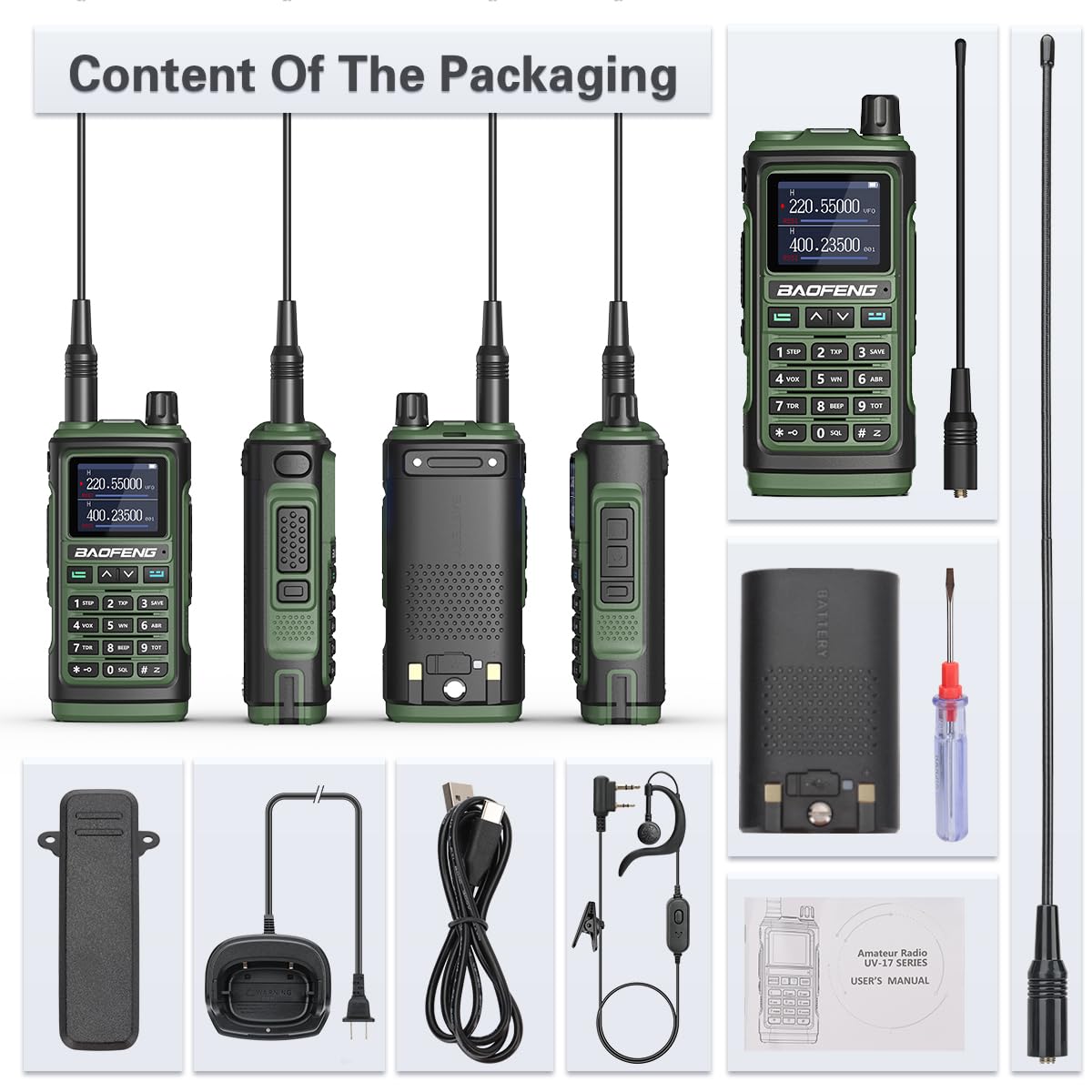 BAOFENG UV-17R Ham Radio - Upgraded Version of UV-5R, Long Range Dual Band Two Way Radio with USB Charger, 999 Channels, Hands-Free VOX, Walkie Talkies for Adults - Includes 771 Antenna, Earpiece & Flashlight (Perfect for Outdoor Adventures, Emergency Communication & Construction Sites)