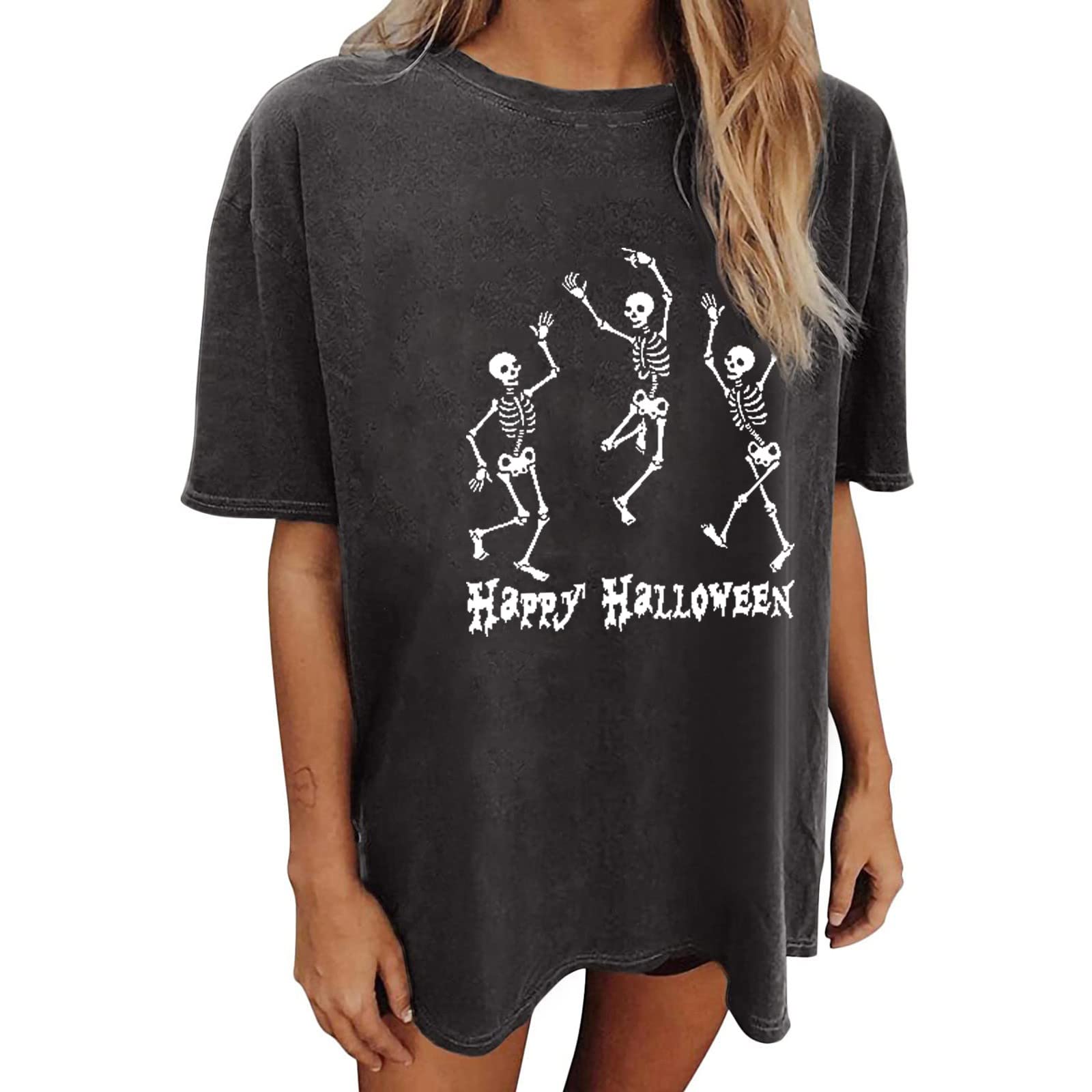 Halloween Women's Short Sleeve Skeleton Print T-Shirt - Casual Loose Fit Funny Graphic Tee for Costume Parties & Spooky Outfits