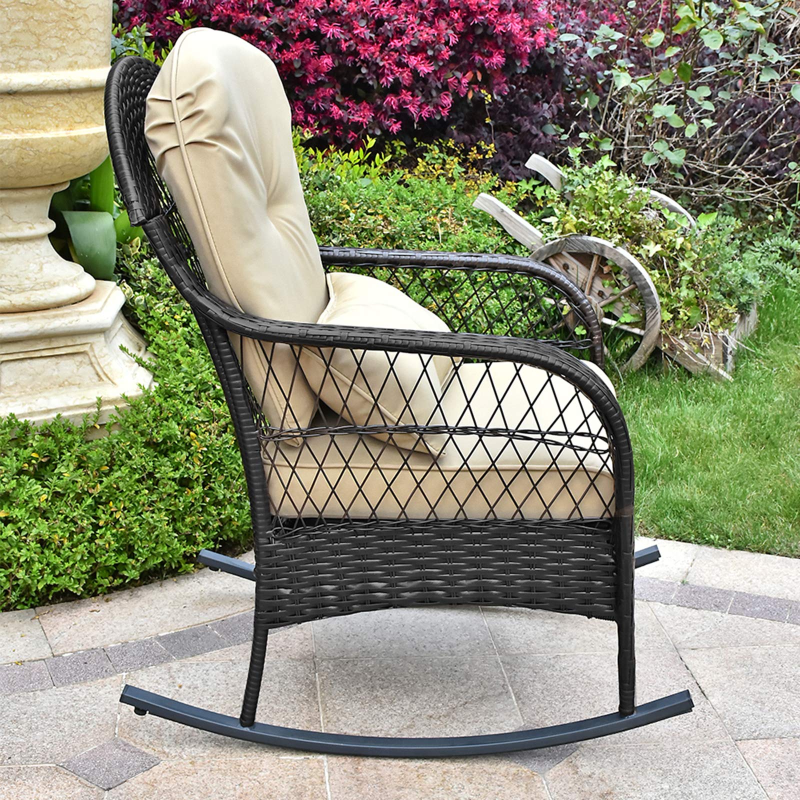 All-Weather Wicker Rocking Chair for Outdoor Use - Patio, Garden, Porch, Balcony & Backyard Furniture with Comfortable Cushions (1PC, Khaki) - Perfect for Relaxing, Sunbathing & Reading in Your Outdoor Space
