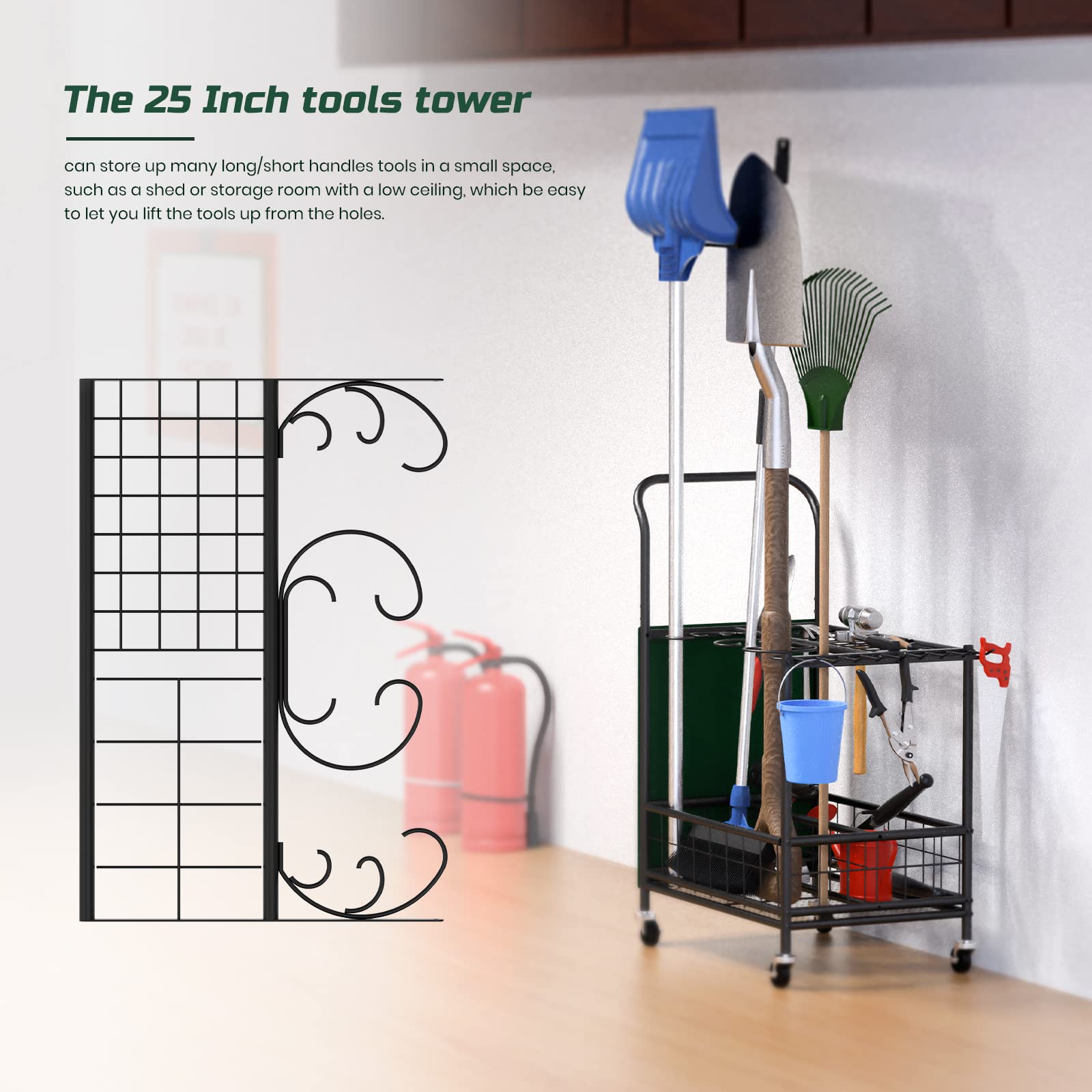 Black Heavy-Duty Garden Tool Organizer with Wheels & Storage Hooks - Yard Tool Stand for Garage, Shed & Outdoor Storage - Perfect for Organizing Rakes, Shovels & Gardening Equipment