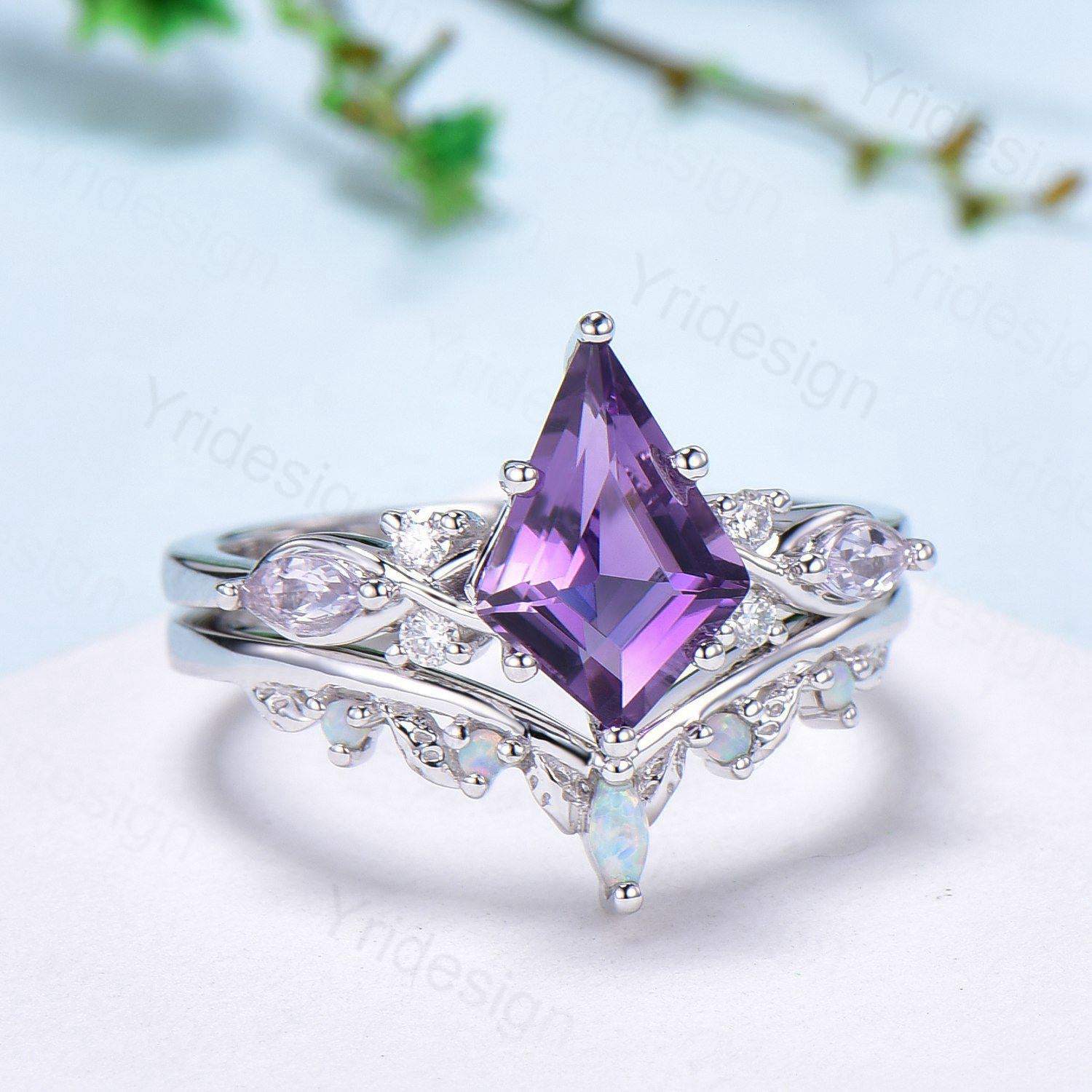 1.5CT Kite Cut Amethyst Ring Set for Women - Marquise Lavender Amethyst Engagement & Wedding Ring with Opal Leaf Stacking Band - Birthstone Jewelry for Anniversary, Valentine's Day Gift
