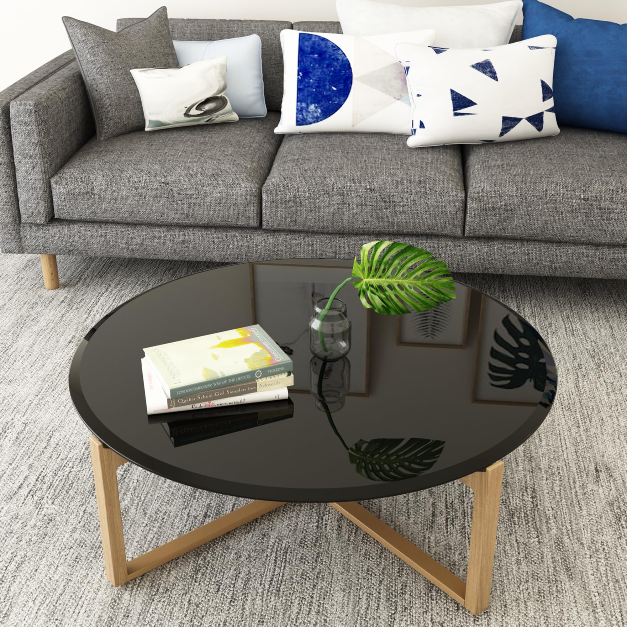 38.6 Inch Round Tempered Glass Table Top - 2/5 Inch Thick Black Glass with Beveled Polished Edge - Perfect for Dining Tables, Coffee Tables, and Modern Home Decor