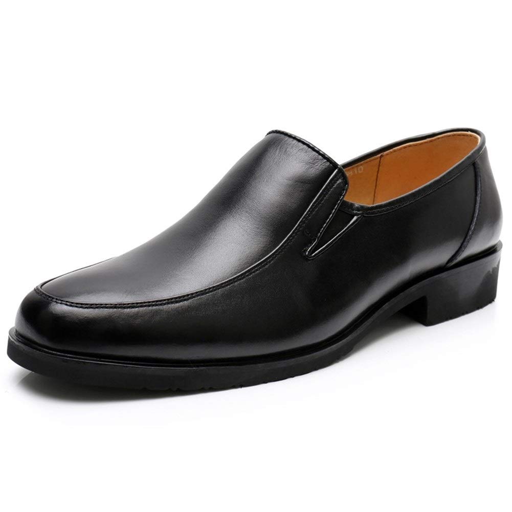 Men's Leather Dress Shoes Slip On Round Toe Cowhide Anti-Slip Rubber Sole Low Block Heel - Comfortable Formal & Business Shoes for Office, Wedding & Outdoor Occasions