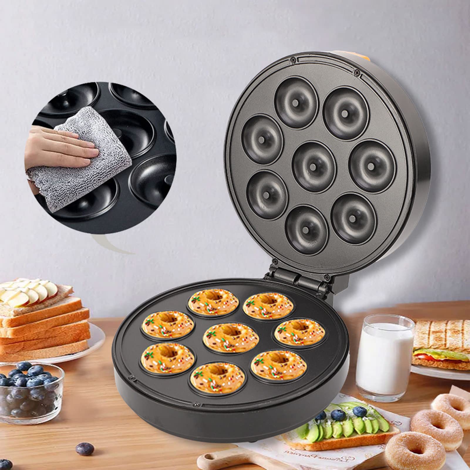 Mini Donut Maker Machine - 1400W Electric Donut Baker with Non-Stick Surface, Fast Heating & LED Light - Makes 8 Doughnuts (10x9.4x3.9in) - Perfect for Home, Cafe, Breakfast, Parties & Kids Baking Activities
