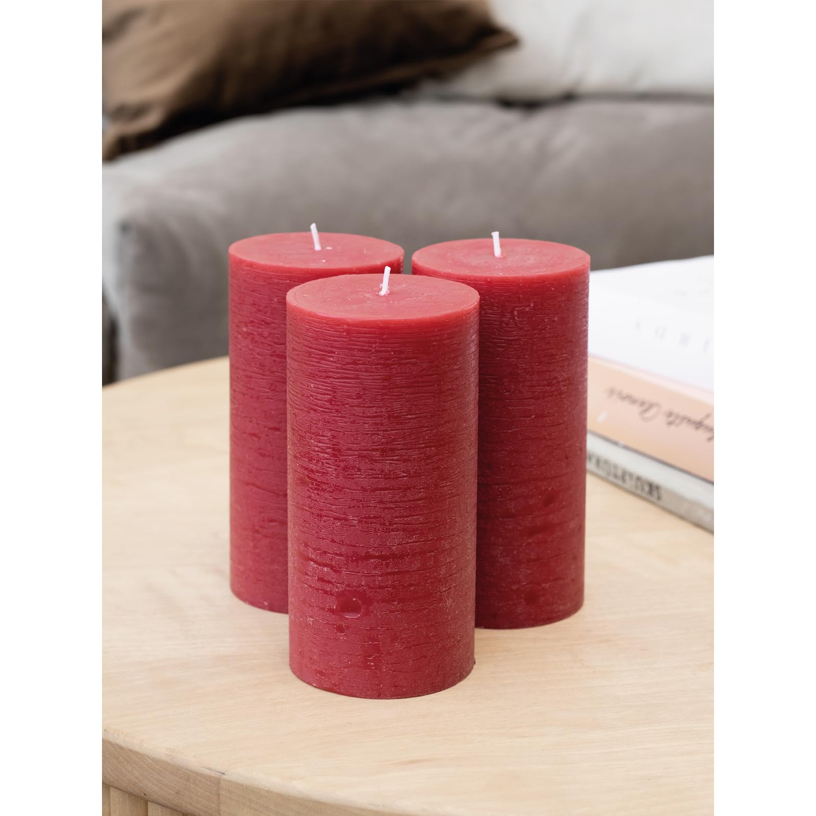 Premium CANDWAX 3x6 Inch Unscented Pillar Candles Set of 3 - Rustic Decorative No-Drip Candles for Wedding Centerpieces & Home Decor - Bordeaux Red Large Candles Perfect for Romantic Dinners, Holiday Tablescapes & Cozy Interior Lighting