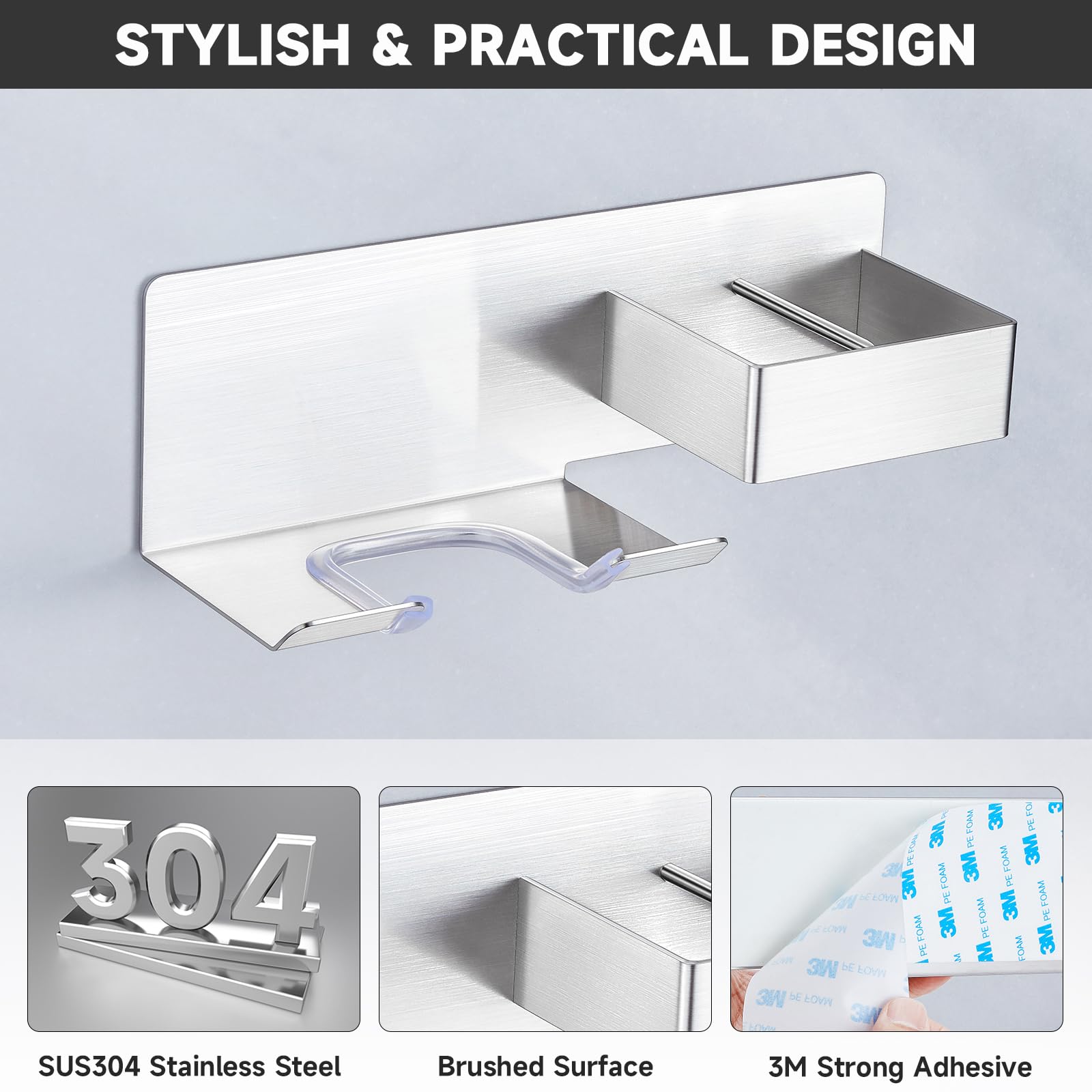 Wall Mounted Hair Dryer Holder - Stainless Steel Blow Dryer & Hair Straightener Organizer with Adhesive Backing - Perfect for Bathroom, Salon & Barber Shop Storage - Keep Hair Tools Tidy & Within Reach